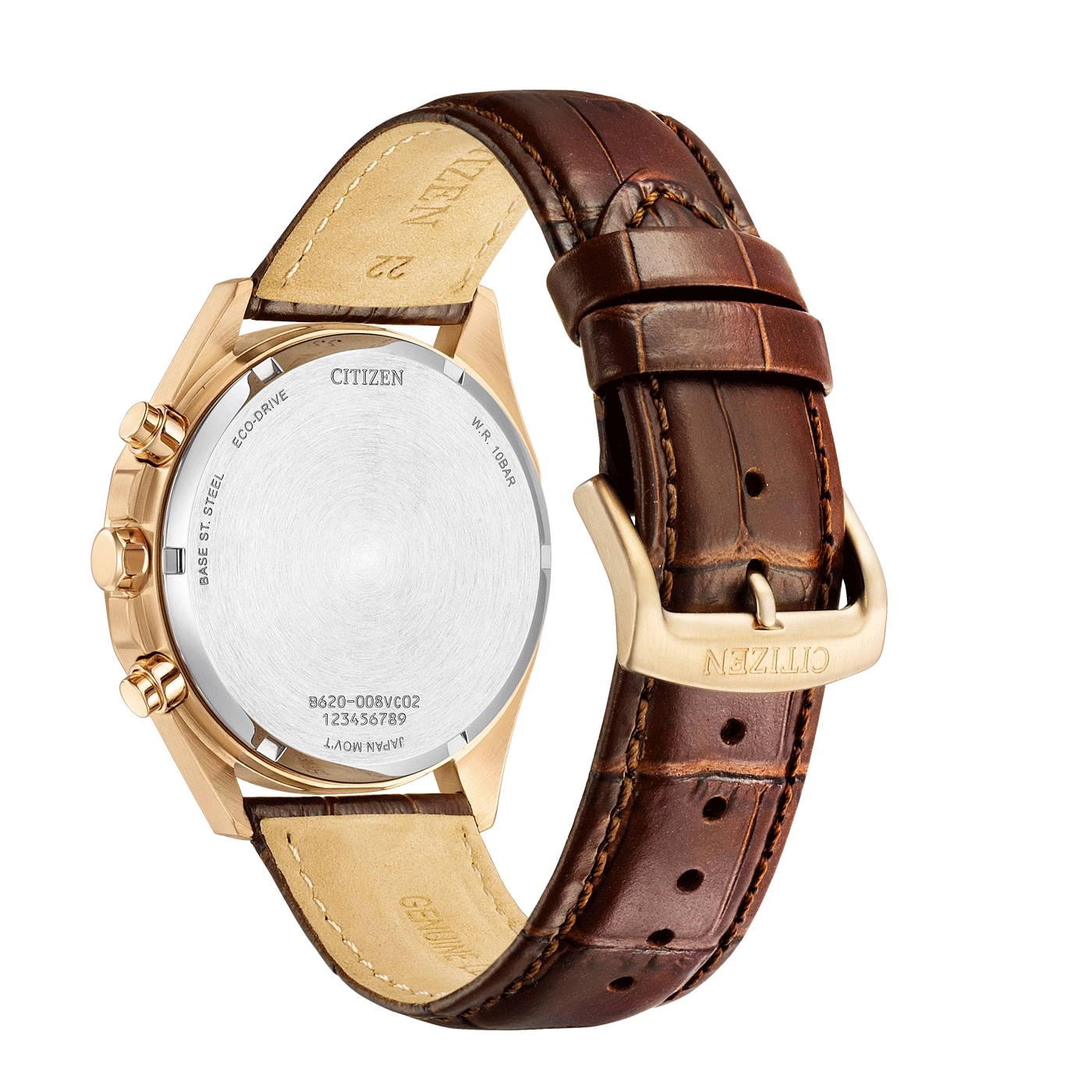 Citizen-Uhr mit braunem Lederarmband, goldenem Gehäuse und Citizen-Logo.