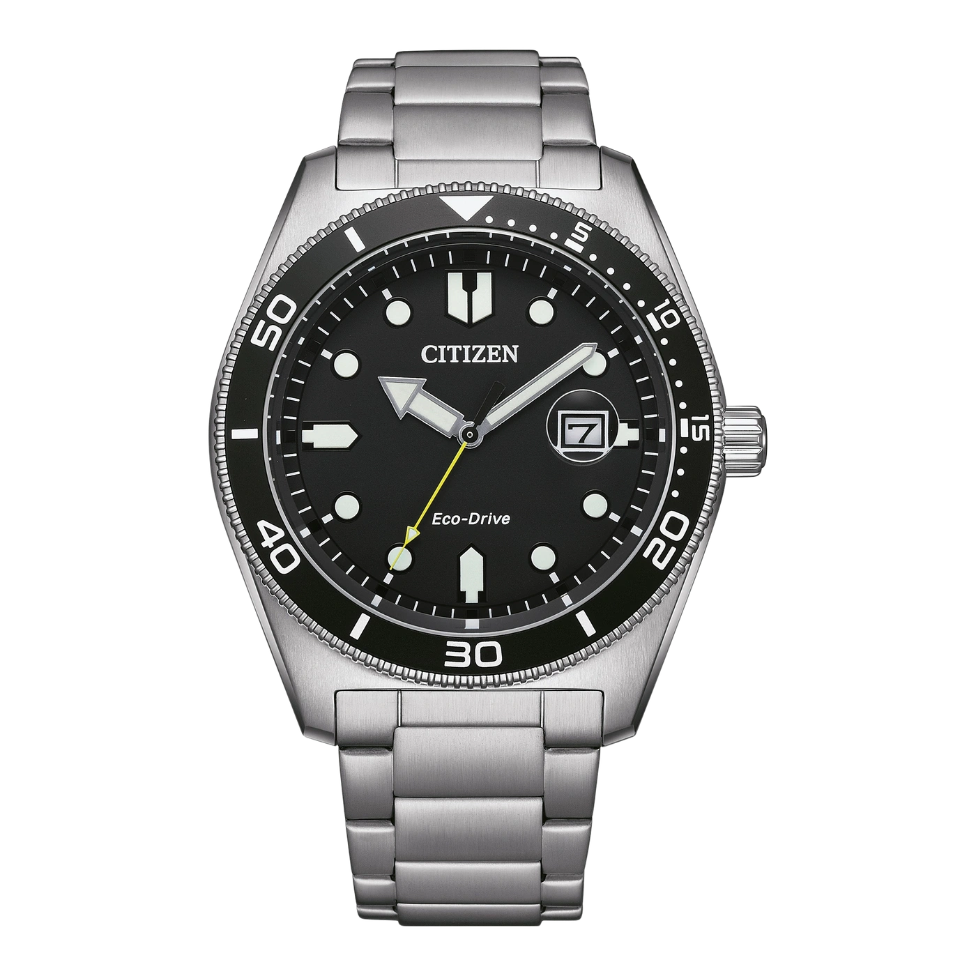 Citizen-Uhr mit schwarzem Zifferblatt und silbernem Armband, Eco-Drive-Technologie.