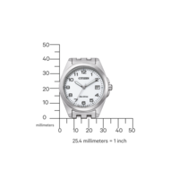 Silberne Citizen-Uhr mit weißem Zifferblatt, Zahlen und Eco-Drive-Text.