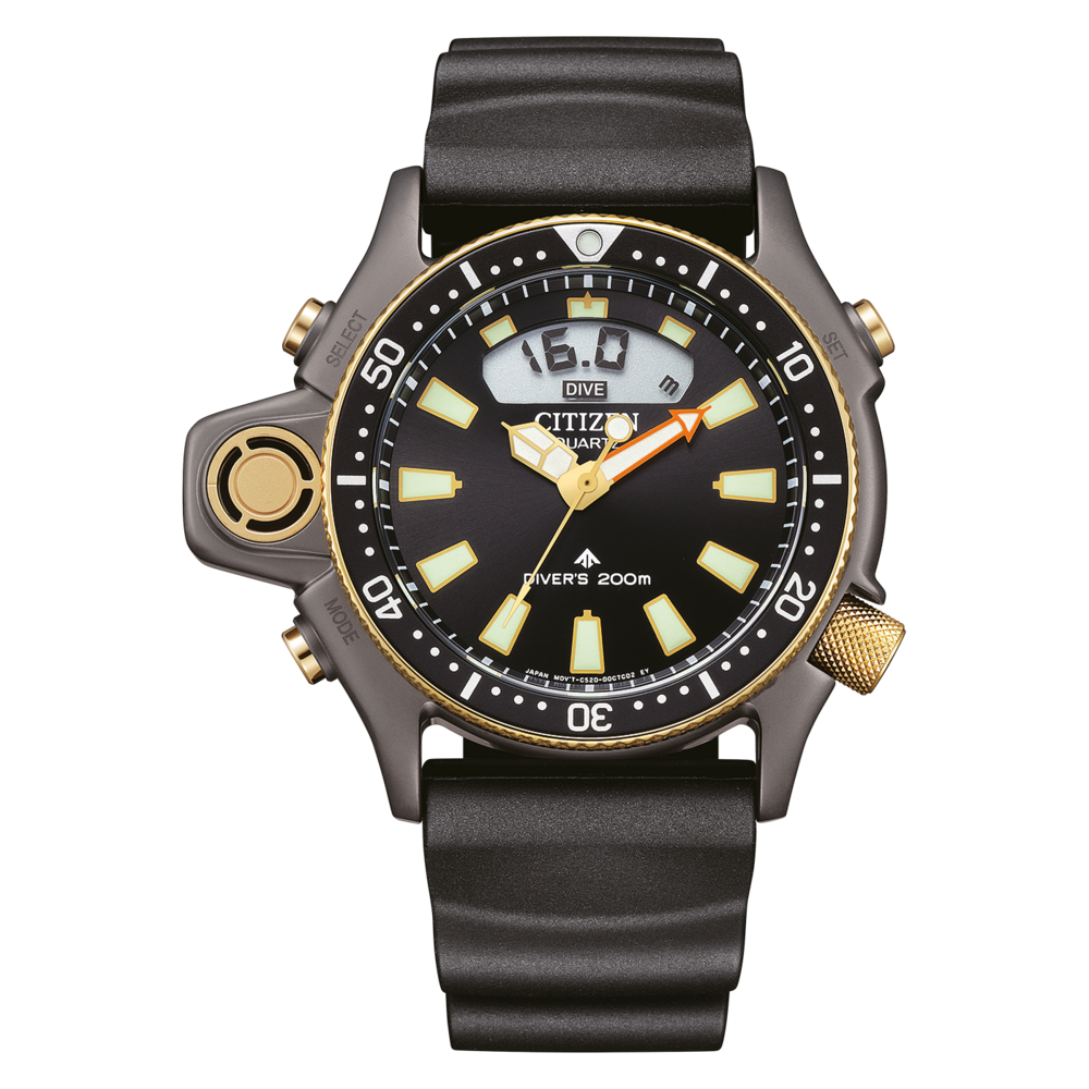 Schwarze Citizen Taucheruhr mit goldenen Akzenten und digitaler Anzeige.