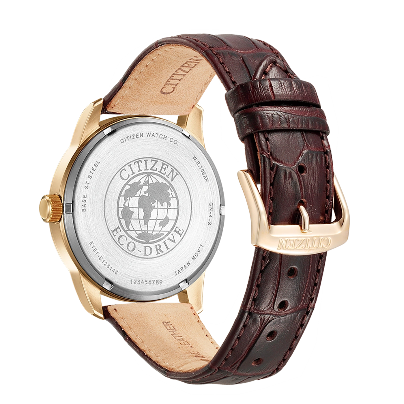 Citizen-Uhrrückseite mit Lederarmband, Goldgehäuse und Eco-Drive-Technologie.