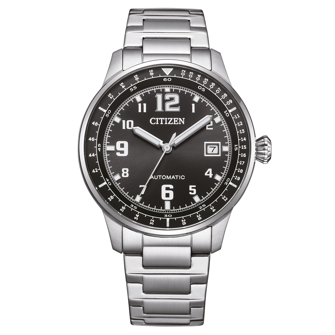 Citizen-Uhr mit schwarzem Zifferblatt, silbernem Armband und Automatikwerk.