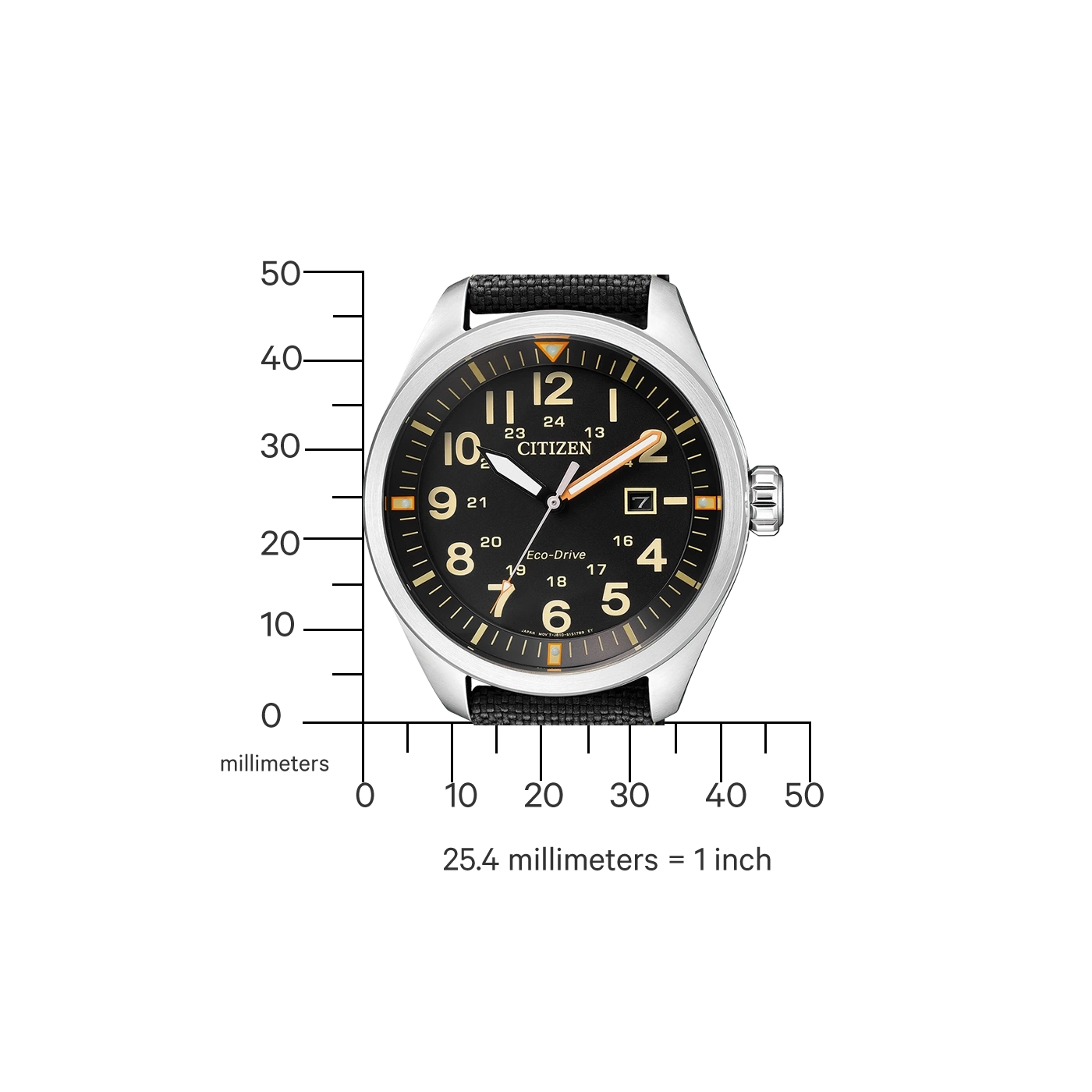 Citizen-Uhr mit schwarzem Zifferblatt, Zahlen und schwarzem Armband.