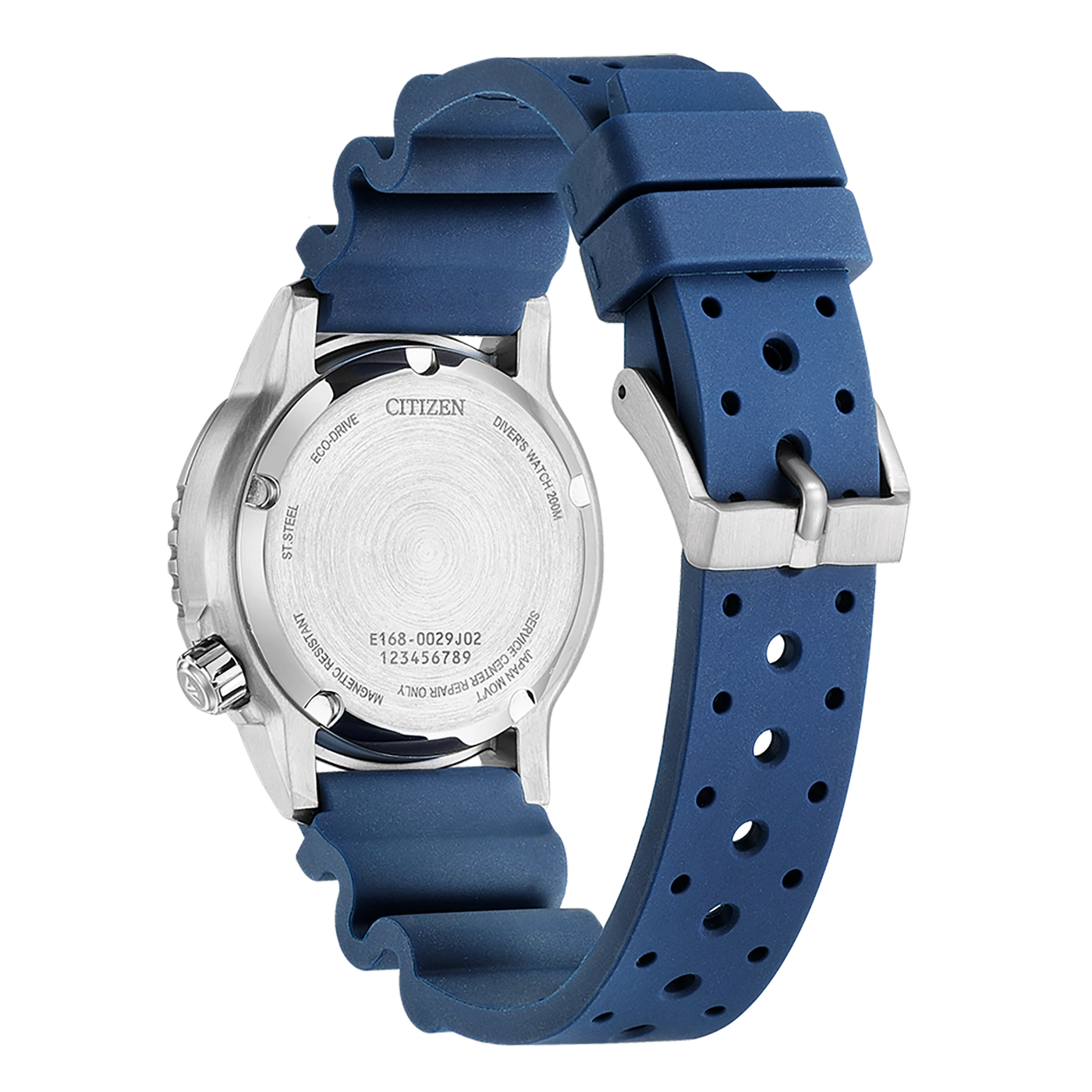 Citizen-Uhrrückseite, blaues Armband, Eco-Drive, Diver's Watch 200M, Edelstahl