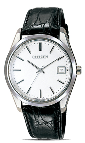This image showcases a Citizen watch with a clean white dial, silver-toned case, and a black crocodile-embossed leather strap. It features black baton hour markers, sleek hands, and a date window at 3 o'clock, all against a plain background.