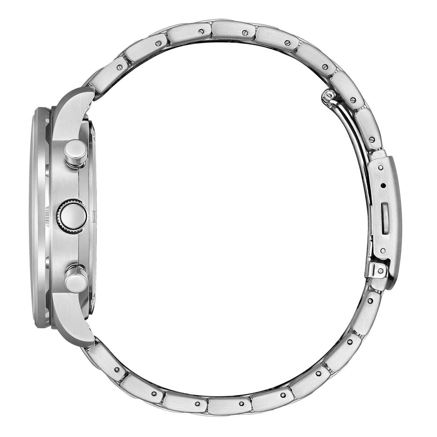 Seitenansicht einer silbernen Armbanduhr mit Metallband und weißem Hintergrund.