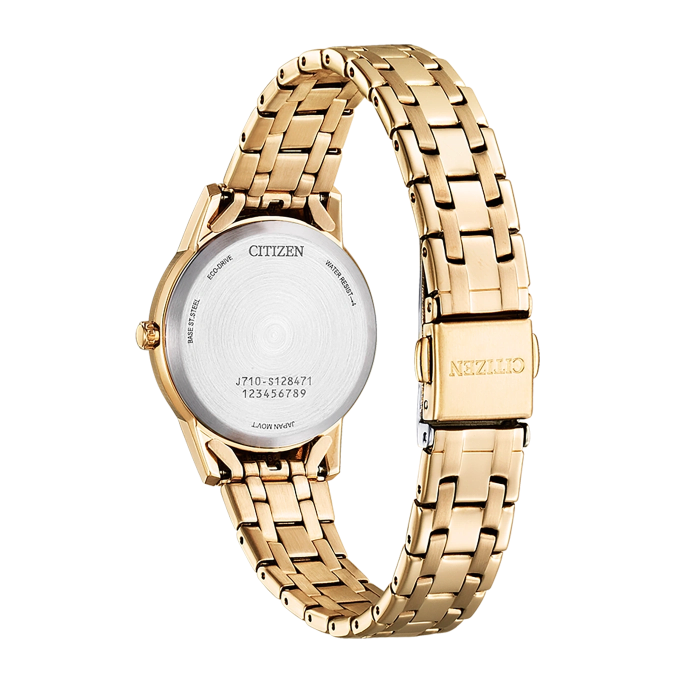Goldene Citizen-Uhr, Rückansicht, mit Details des Zifferblatts und Armbands.