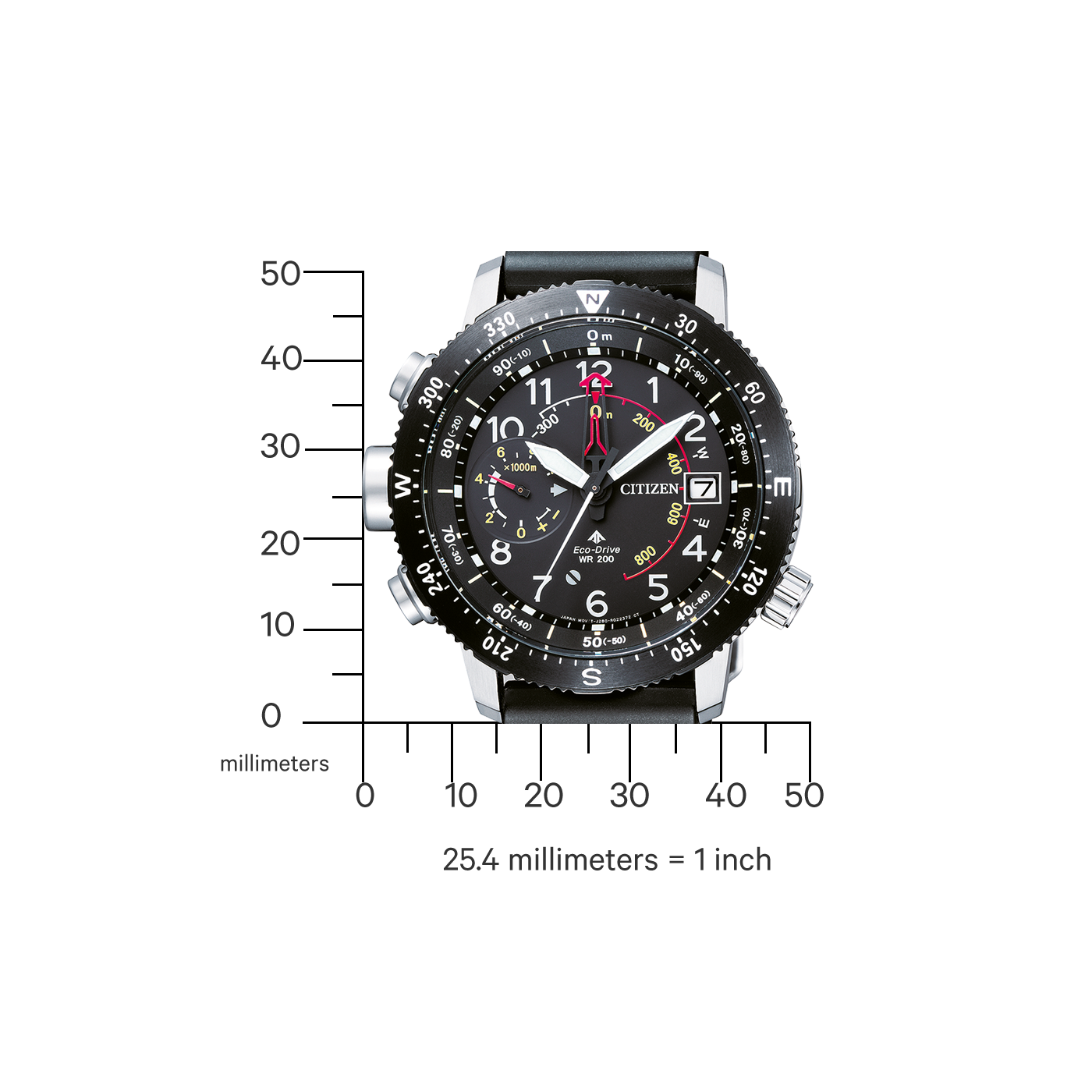 Citizen-Uhr mit schwarzem Zifferblatt, Zahlen und Zeigern, mit schwarzem Armband.