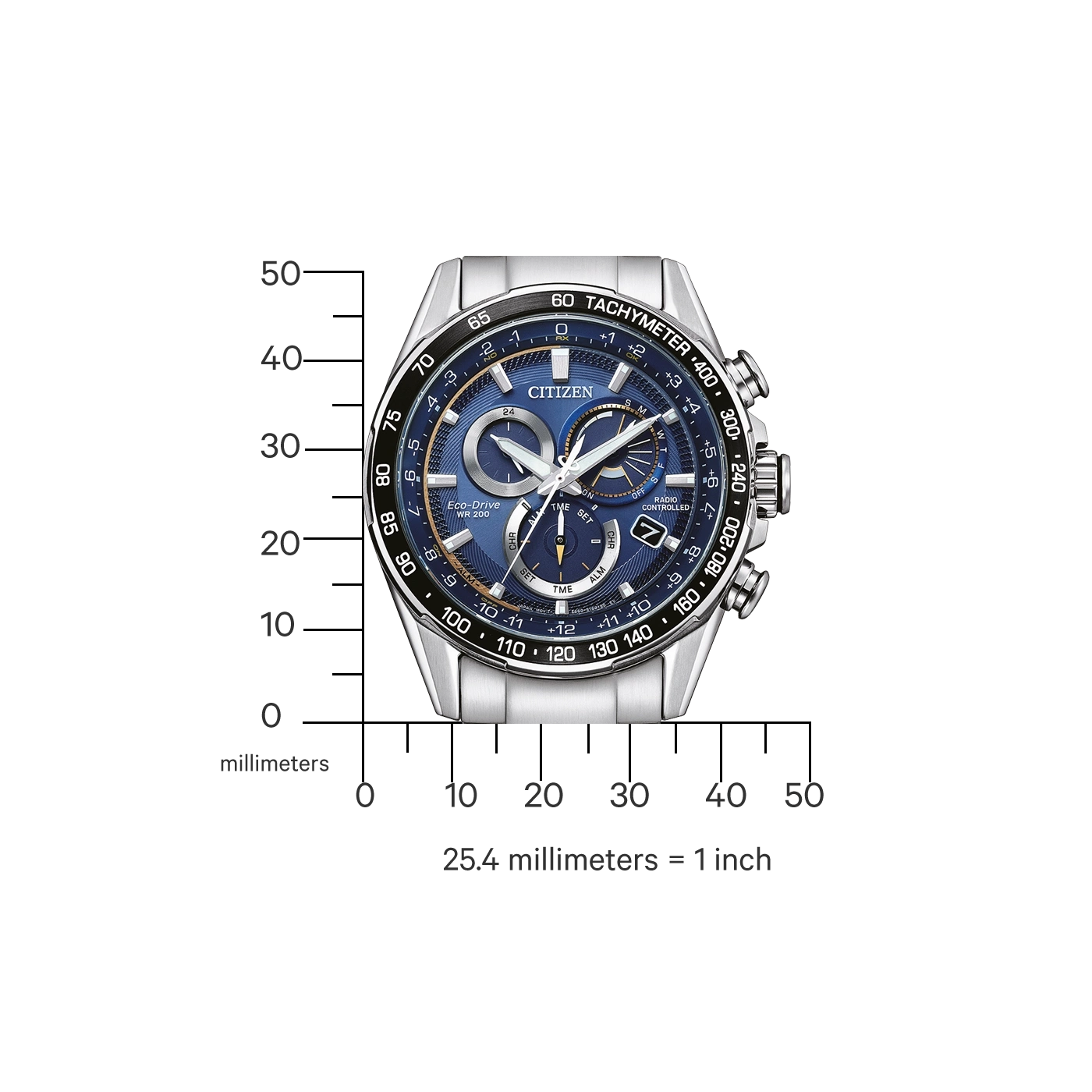Citizen-Uhr mit blauem Zifferblatt, Tachymeter und Eco-Drive-Technologie, zeigt Zeit und Datum.
