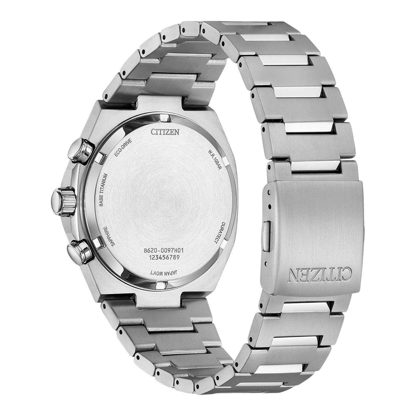 Citizen-Uhrenrückseite, Titan, Saphir, Eco-Drive, wasserdicht, japanisches Uhrwerk.
