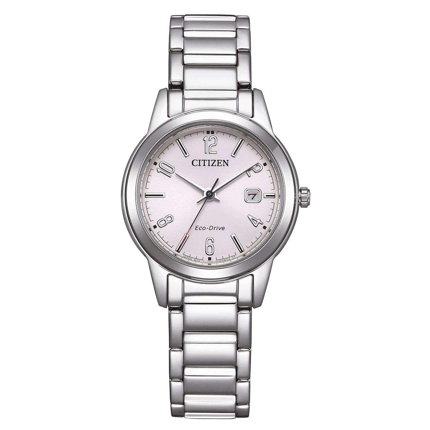 Citizen Eco-Drive Uhr mit silbernem Armband und weißem Zifferblatt, Datumsanzeige.