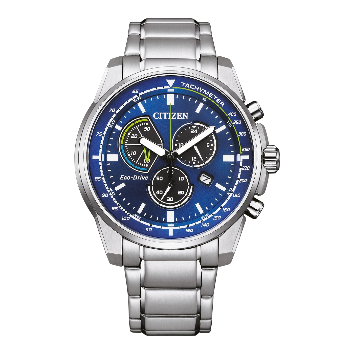 Citizen-Uhr mit blauem Zifferblatt, Tachymeter und Chronographenfunktionen, Edelstahlarmband.