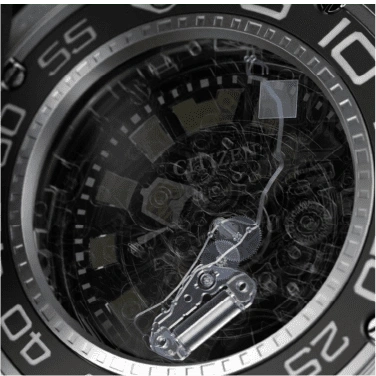 Nahaufnahme des Uhrwerks einer Citizen-Uhr, die komplizierten Details und Zahnräder zeigt.