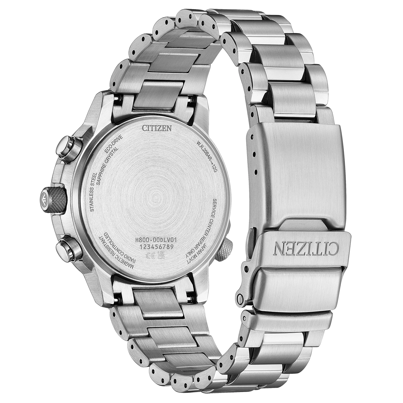 Citizen-Uhrenrückseite, Edelstahl, Eco-Drive, Saphirkristall, funkgesteuert