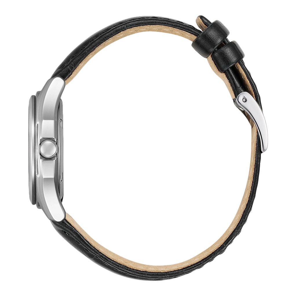 Seitenansicht einer silbernen Uhr mit schwarzem Lederarmband.