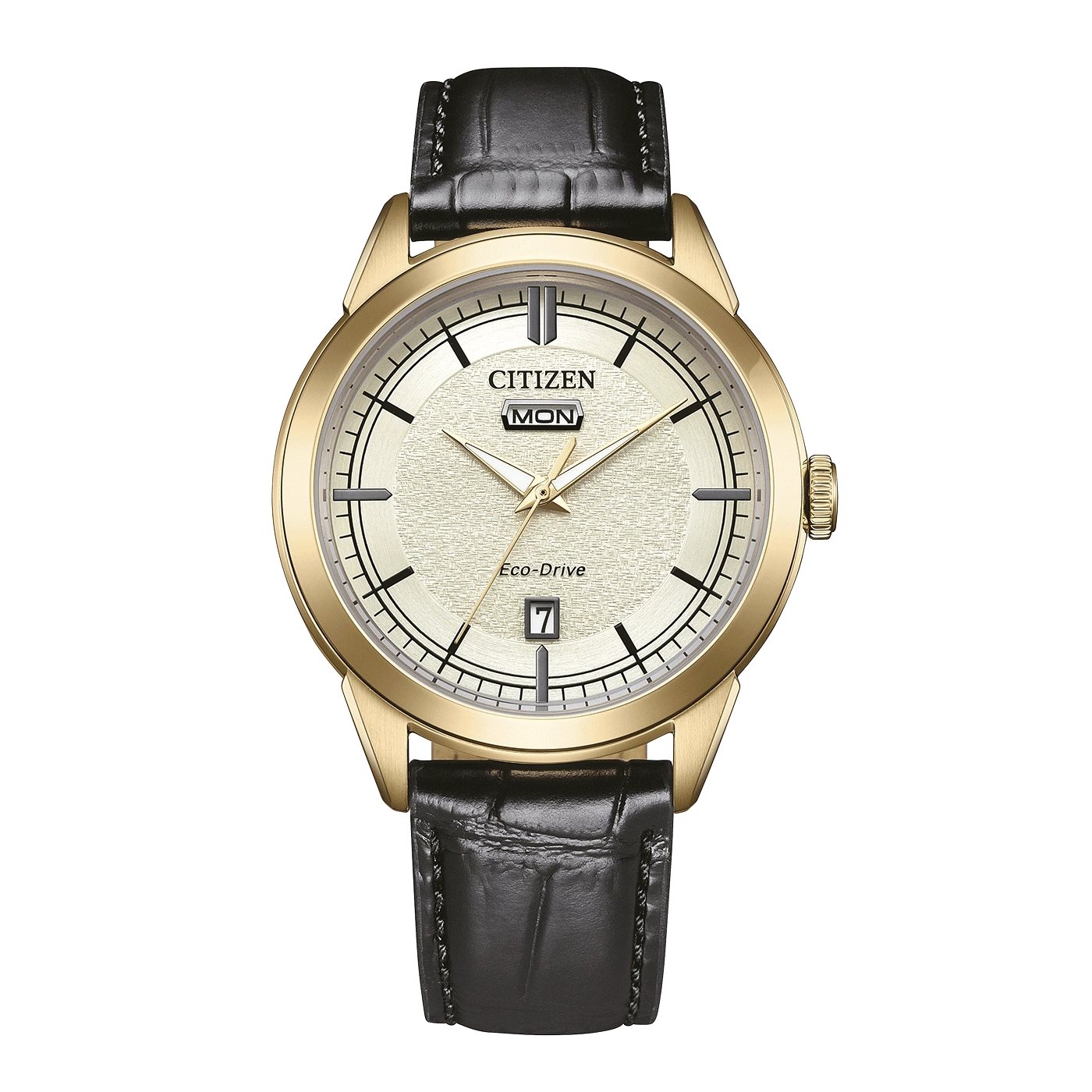 Eine goldene Citizen Eco-Drive Uhr mit strukturiertem Champagnerzifferblatt und schwarzem Lederarmband.