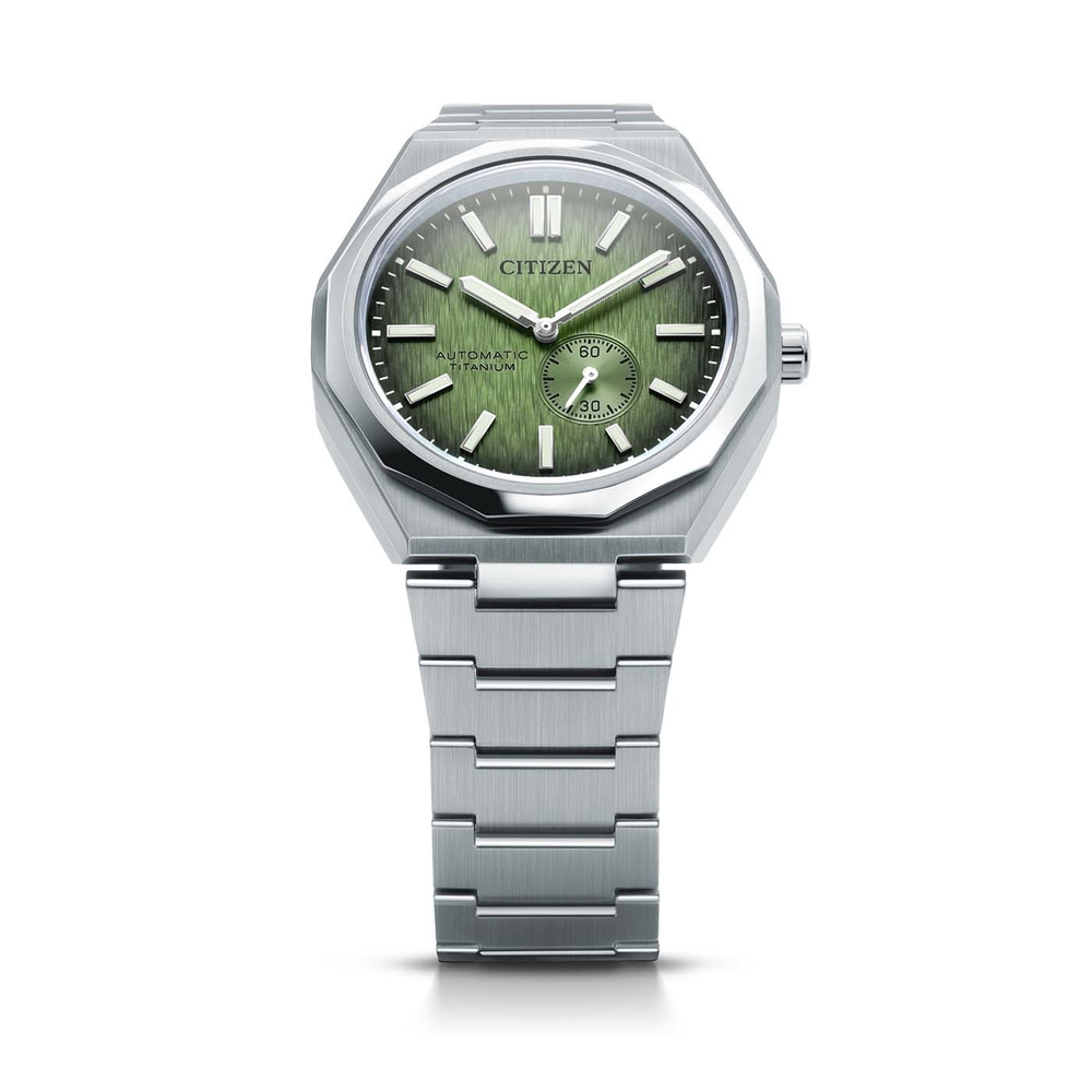Citizen-Uhr mit grünem Zifferblatt und Titanarmband, Automatikwerk.