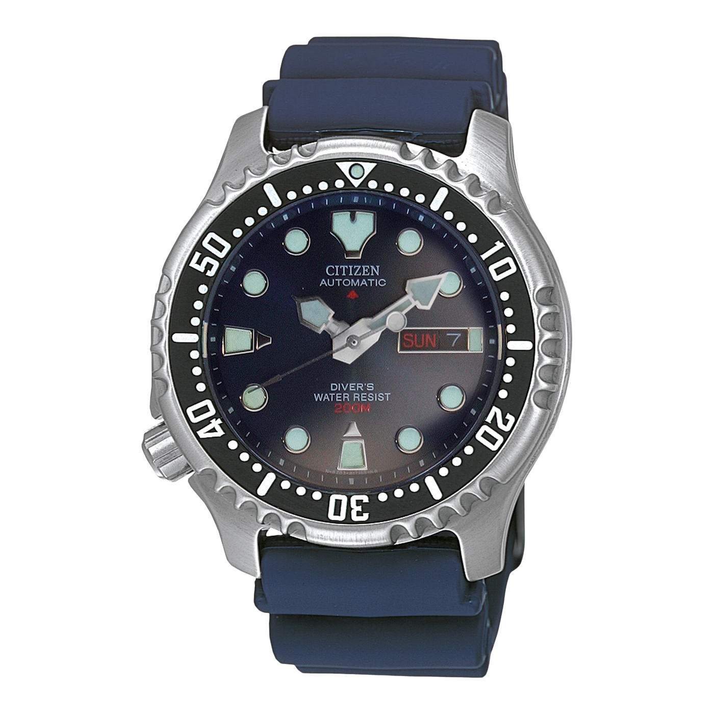 Citizen Automatikuhr für Taucher mit blauem Armband und schwarzer Lünette, Tagesanzeige.