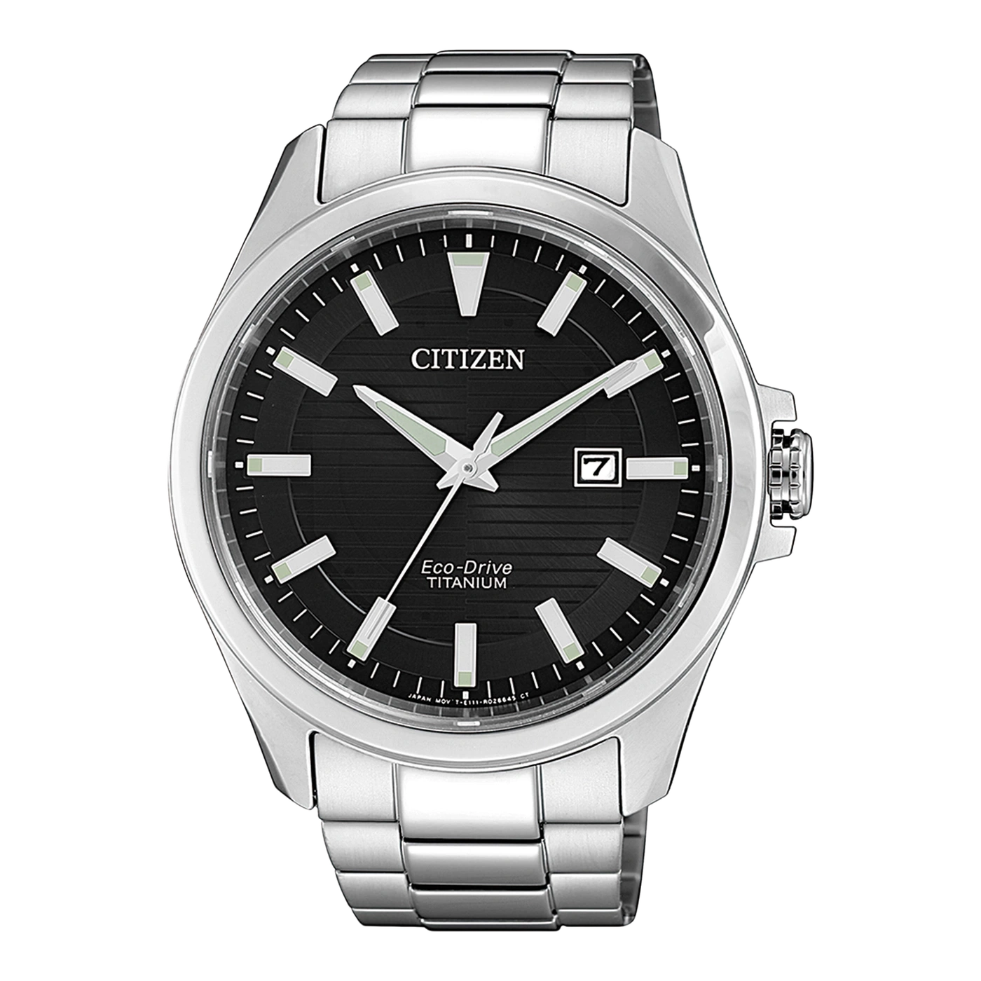 Citizen Eco-Drive Titanuhr mit schwarzem Zifferblatt und silbernem Armband