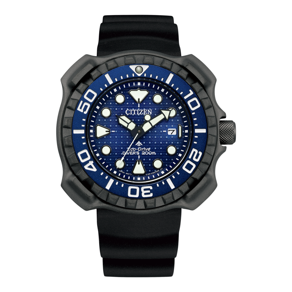 Citizen-Uhr mit blauem Zifferblatt und schwarzem Armband, Eco-Drive, Taucheruhr