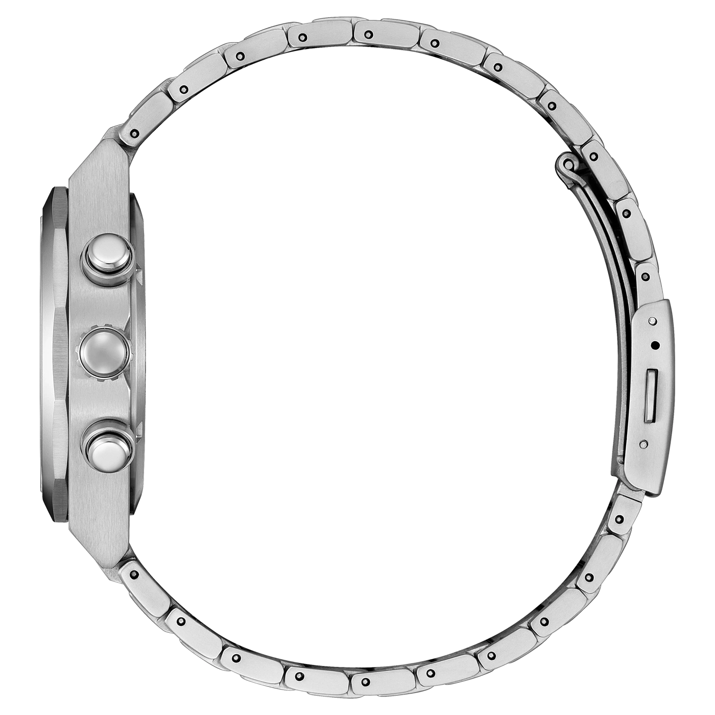 Seitenansicht einer silbernen Uhr mit Metallarmband und drei Knöpfen.