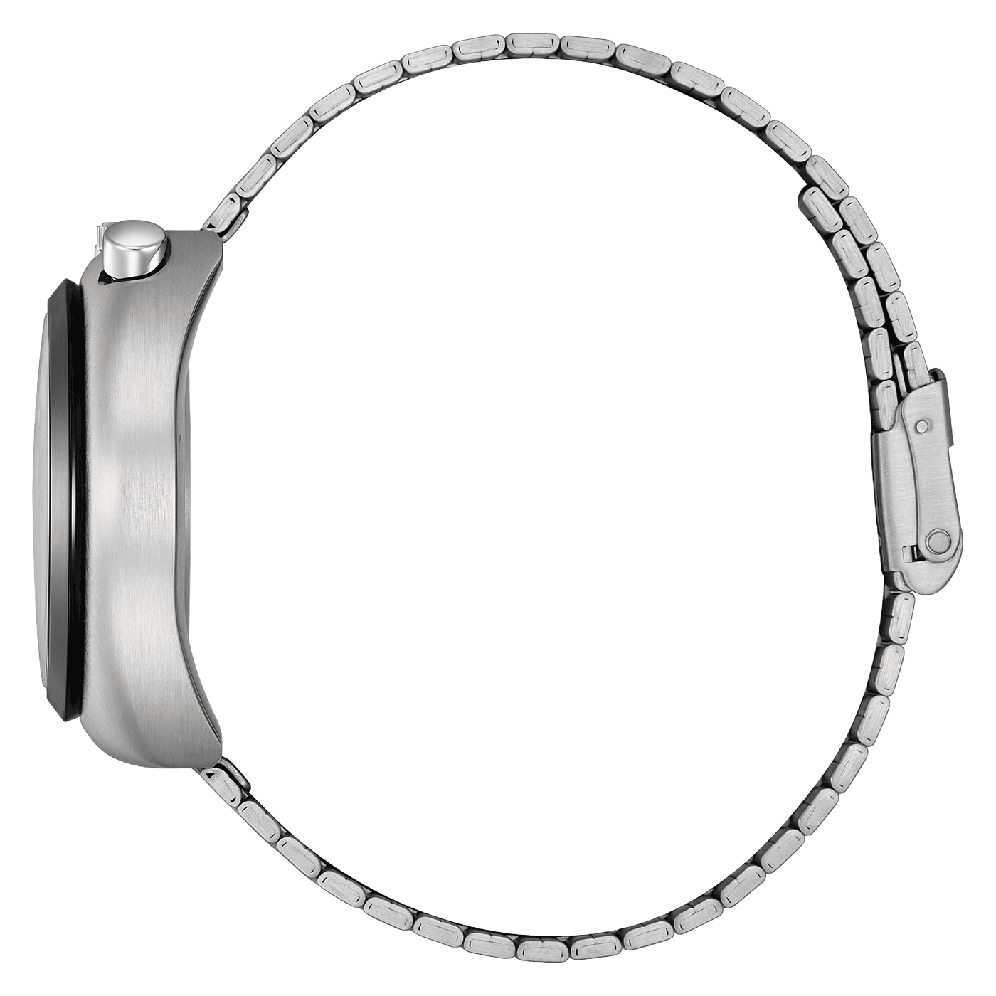 Silbernes Uhrenarmband, Seitenansicht, Edelstahlmaterial.