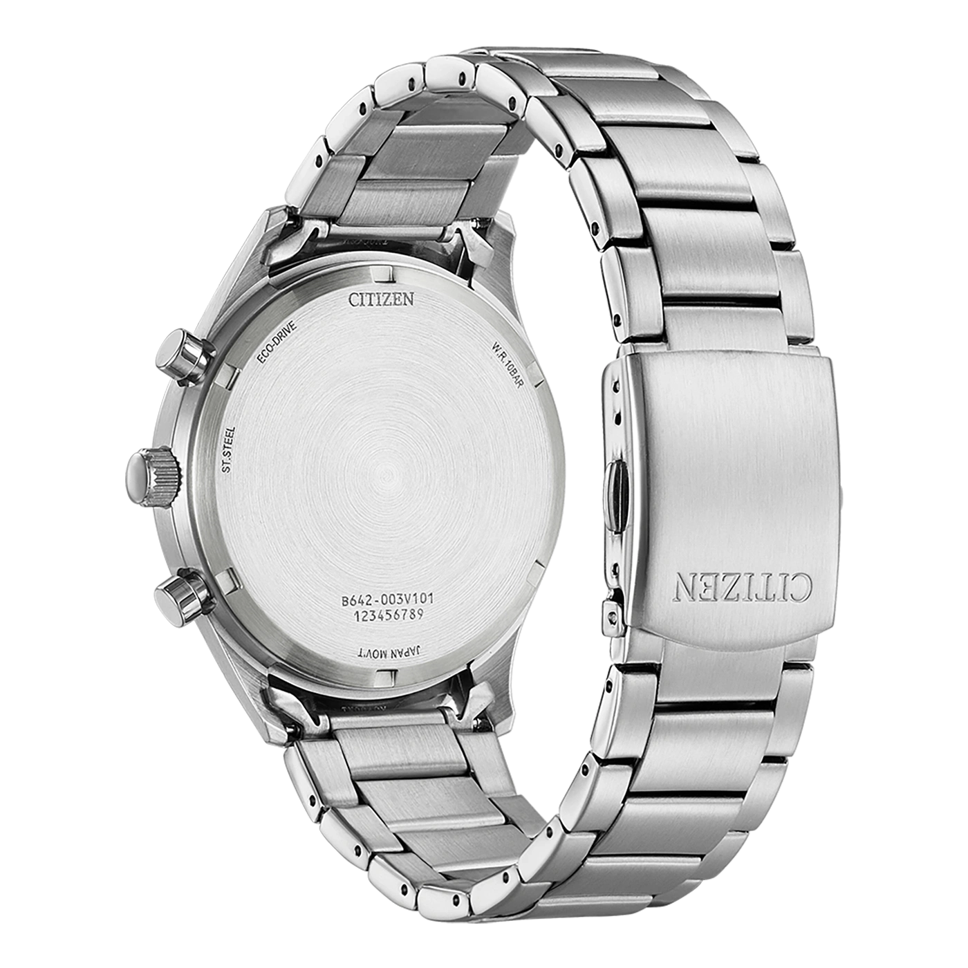 Citizen-Uhrenrückseite, Edelstahl, Eco-Drive, W.R. 10BAR, Japan Movt.