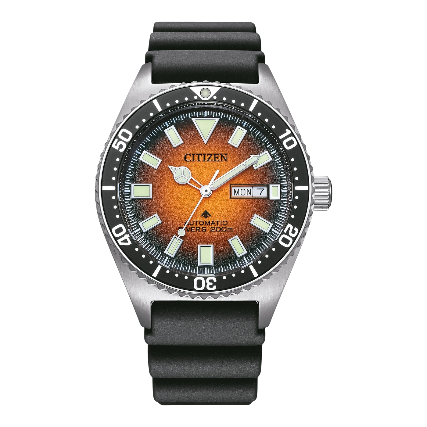 Citizen-Uhr mit schwarzer Lünette und orangefarbenem Zifferblatt, schwarzes Armband.