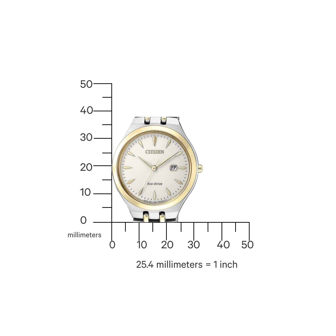 Citizen-Uhr mit goldenen Akzenten, Maßstab und Eco-Drive-Technologie.
