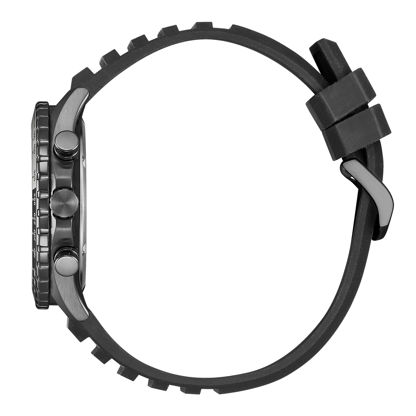 Seitenansicht einer schwarzen Digitaluhr mit Kautschukarmband.