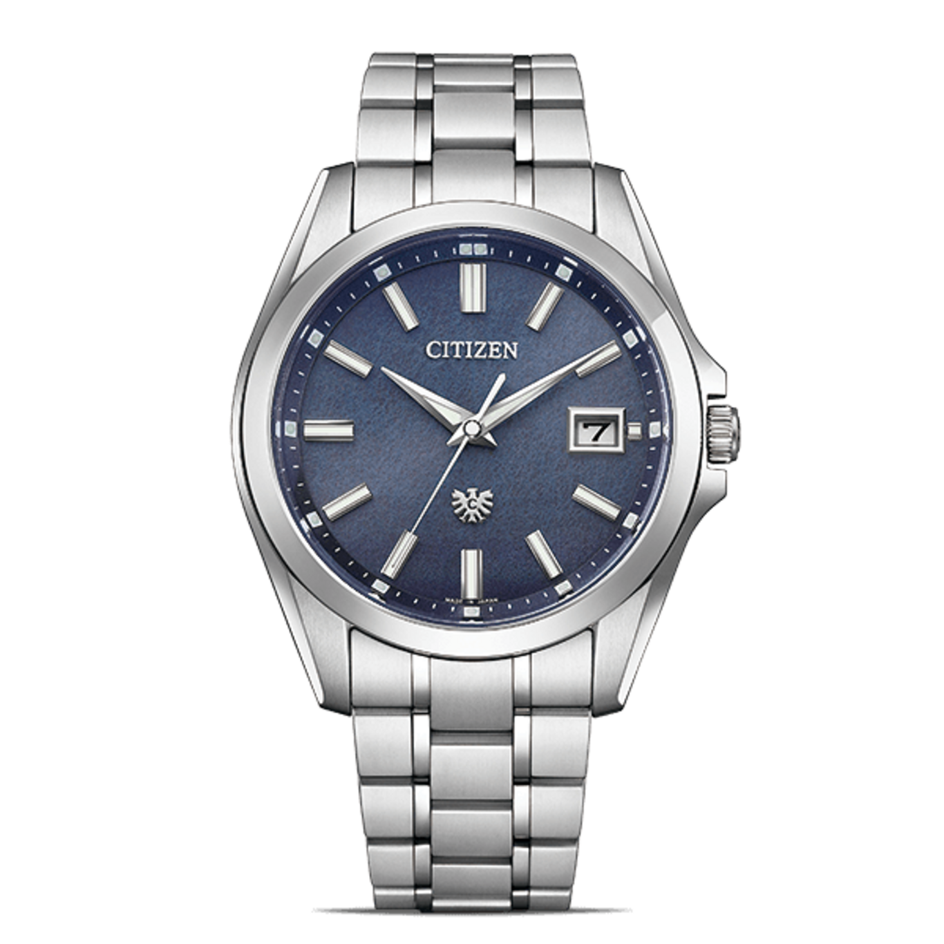 Citizen-Uhr mit blauem Zifferblatt und silbernem Armband, elegantes Design.