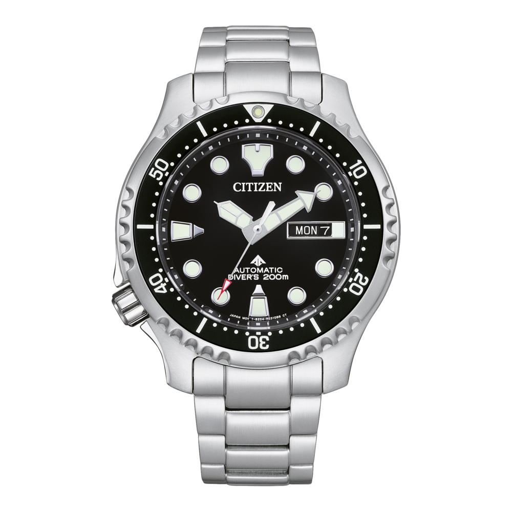 Citizen-Uhr mit schwarzem Zifferblatt, Automatik, Taucher 200m, Edelstahlarmband, Tagesanzeige.