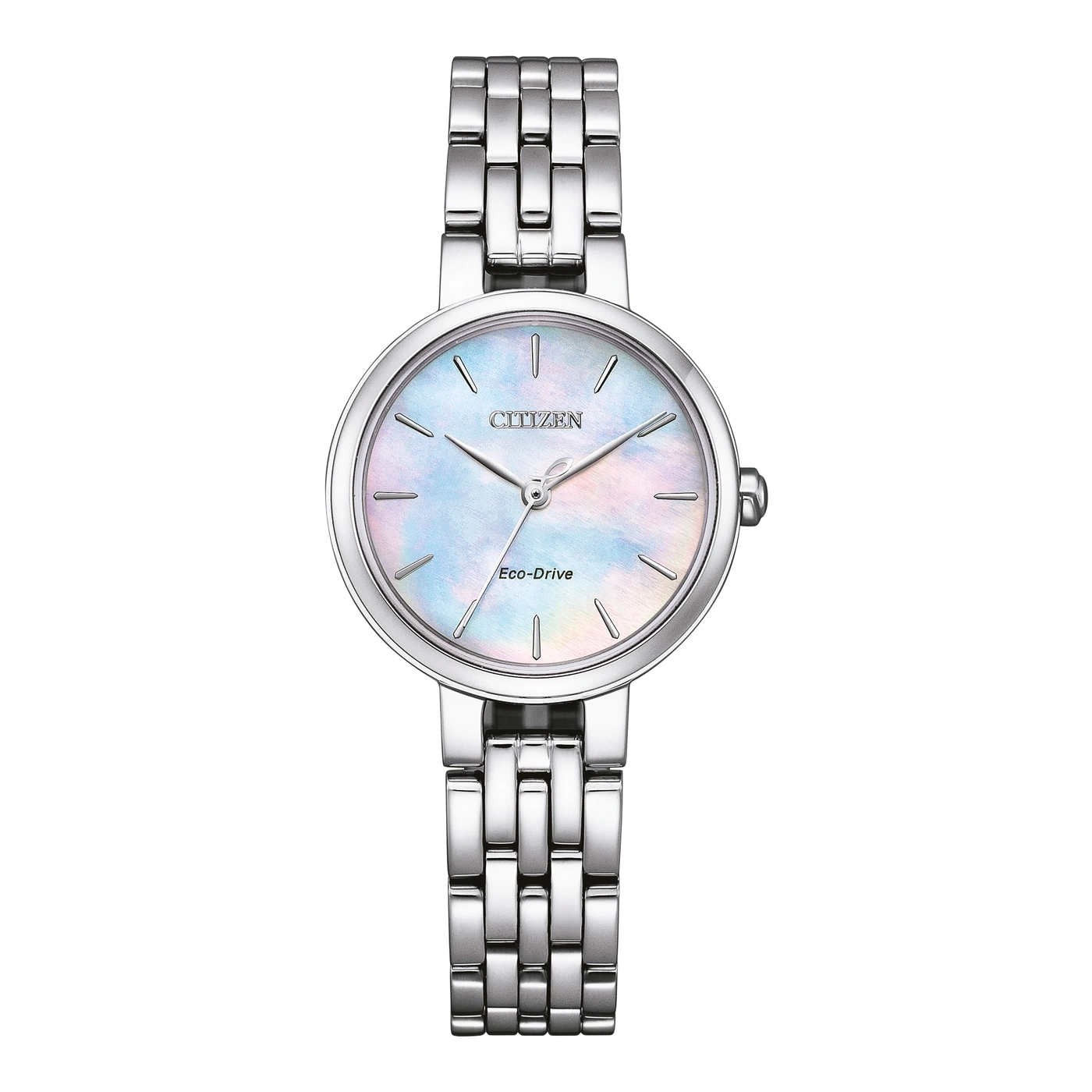 Citizen Eco-Drive Uhr mit silbernem Armband und farbenfrohem Zifferblatt.