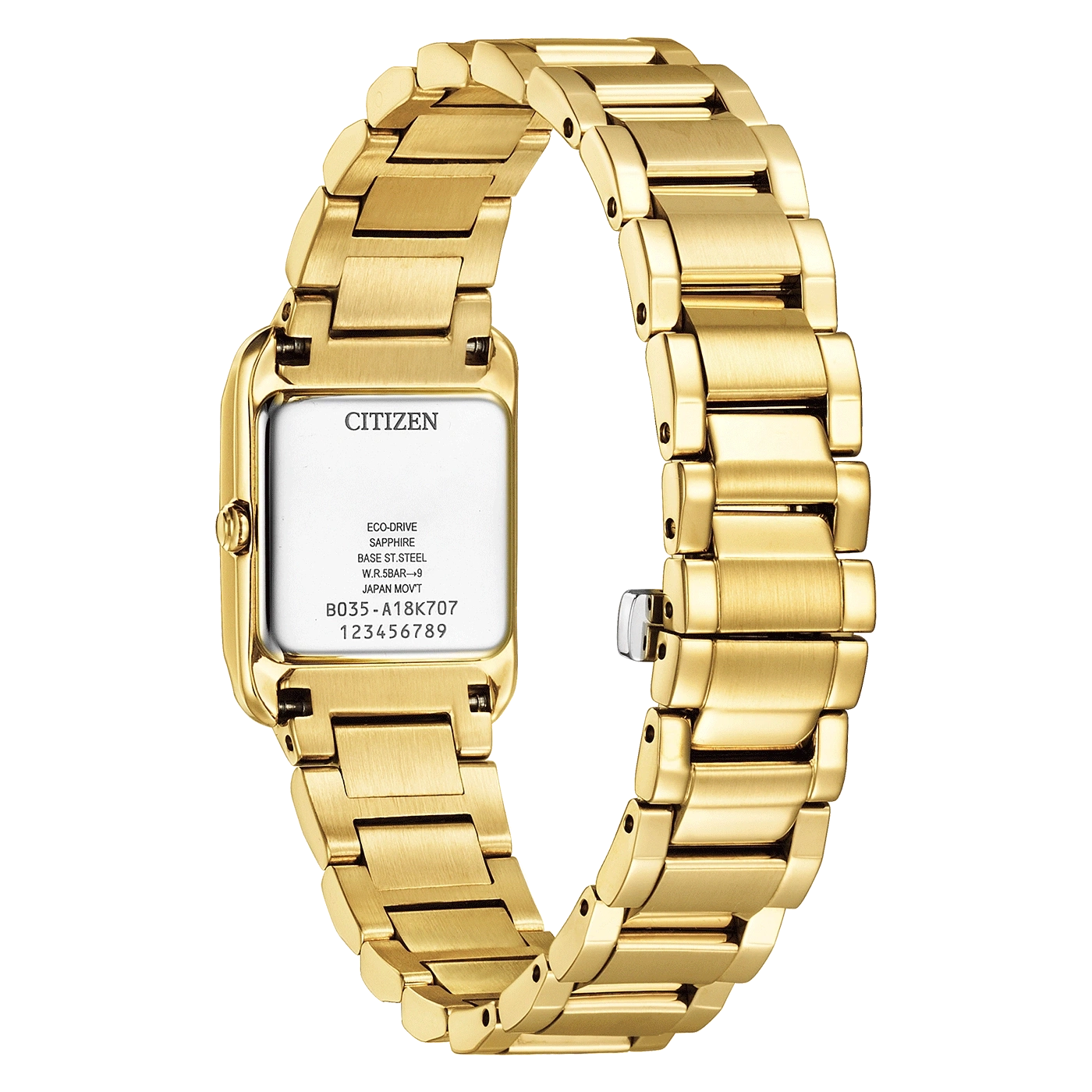 Goldene Citizen-Uhr mit rechteckigem Zifferblatt und Metallarmband.