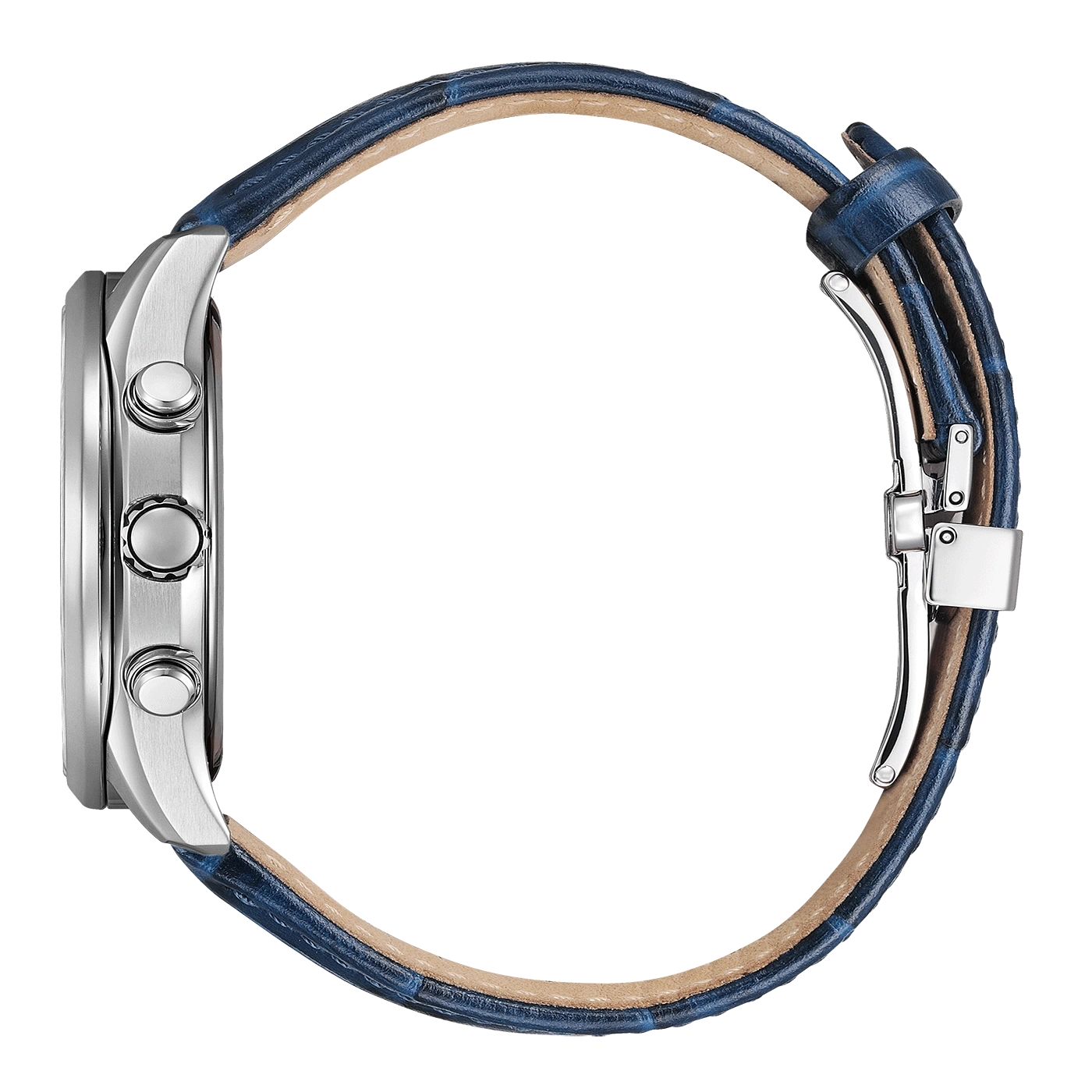 Seitenansicht einer silbernen Uhr mit blauem Lederarmband auf grünem Hintergrund.