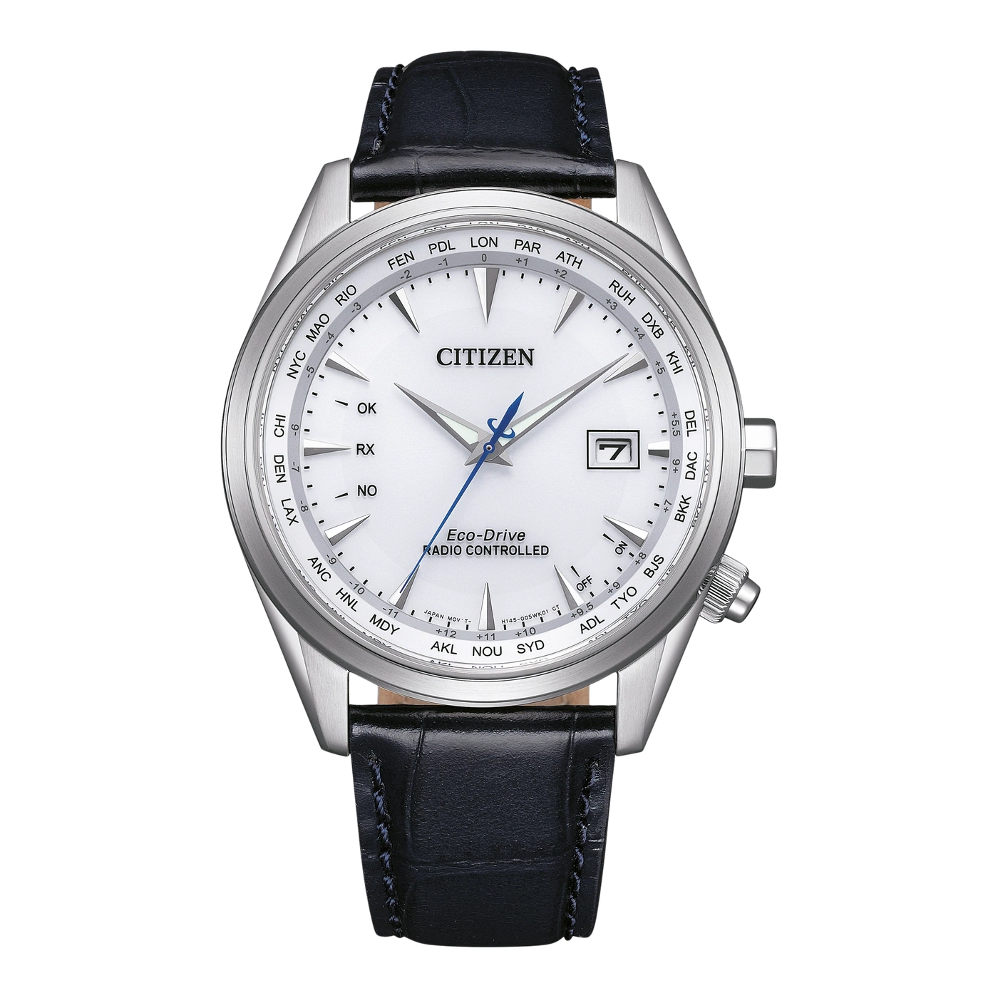 Citizen-Uhr mit weißem Zifferblatt, schwarzem Lederarmband und Weltzeitfunktion.
