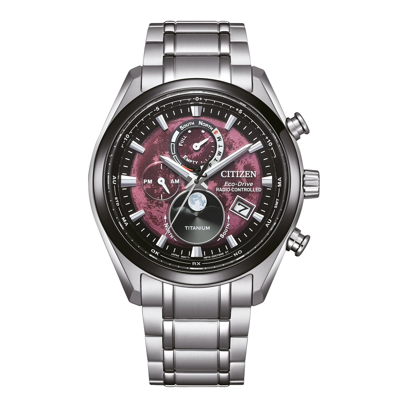 Citizen Eco-Drive Uhr mit Titangehäuse und rotem Zifferblatt.
