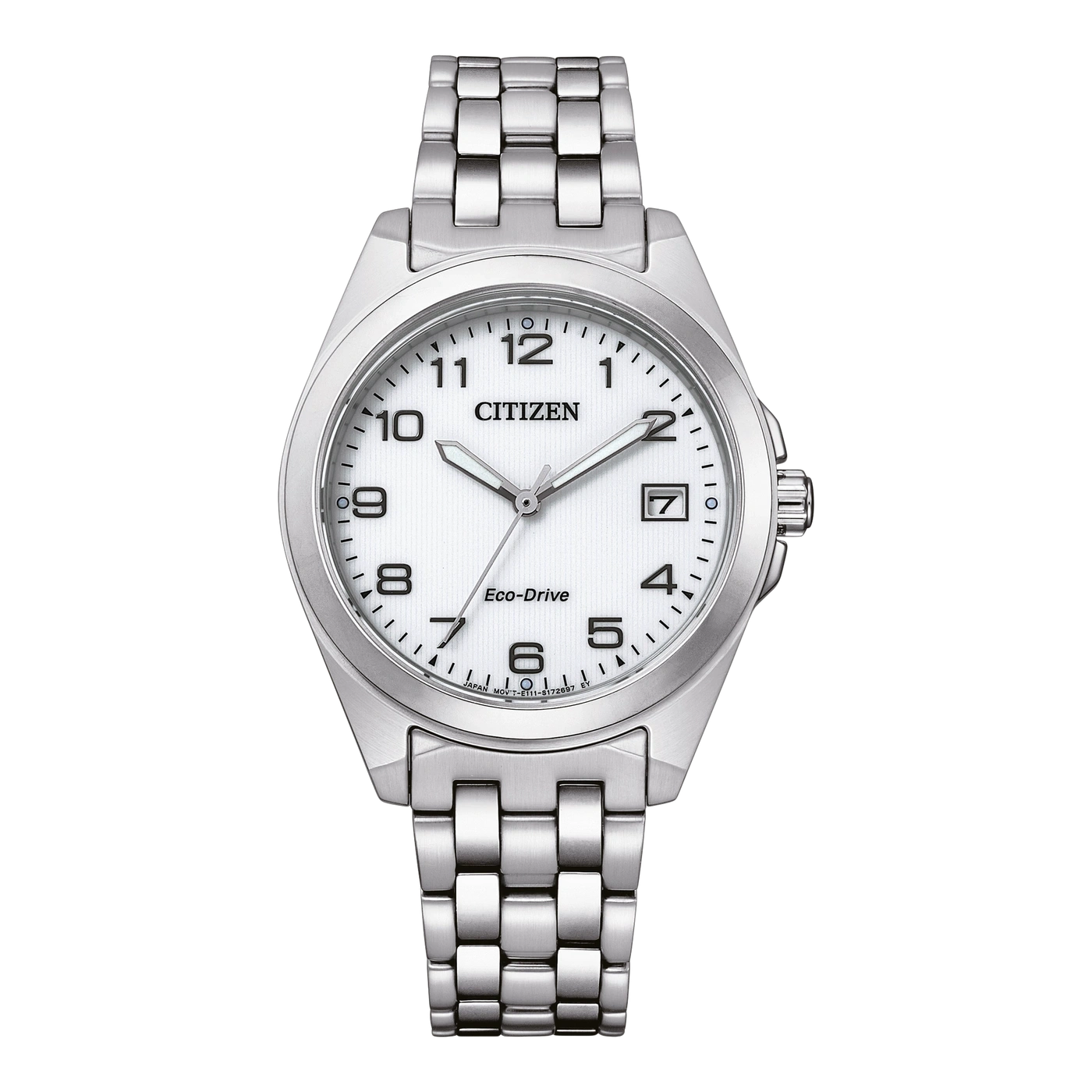Citizen-Uhr mit weißem Zifferblatt, silbernem Armband und Eco-Drive-Technologie.