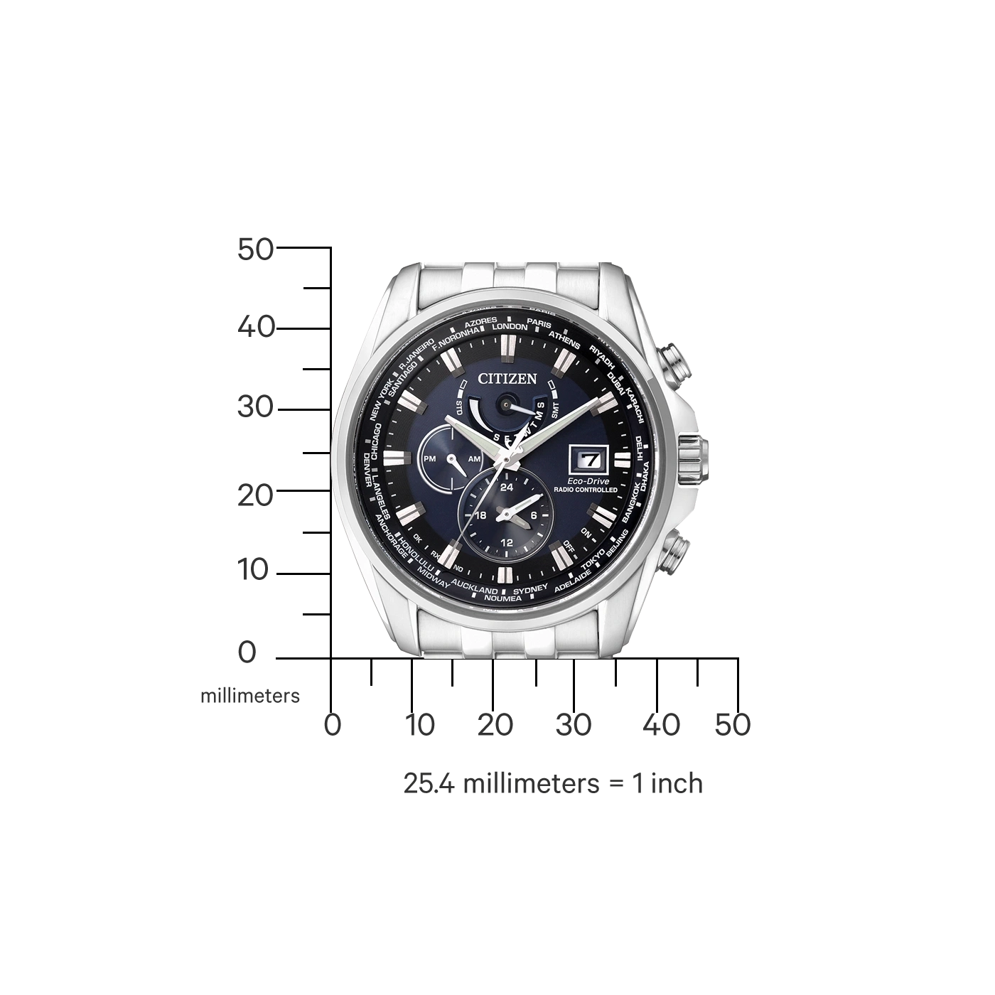 Citizen-Uhr mit Weltzeitfunktion, schwarzem Zifferblatt und silbernem Armband. Eco-Drive-Technologie.
