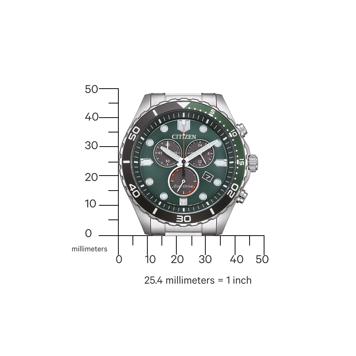 Citizen-Uhr mit grünem Zifferblatt und Maßstab, der Millimeter und Zoll anzeigt.