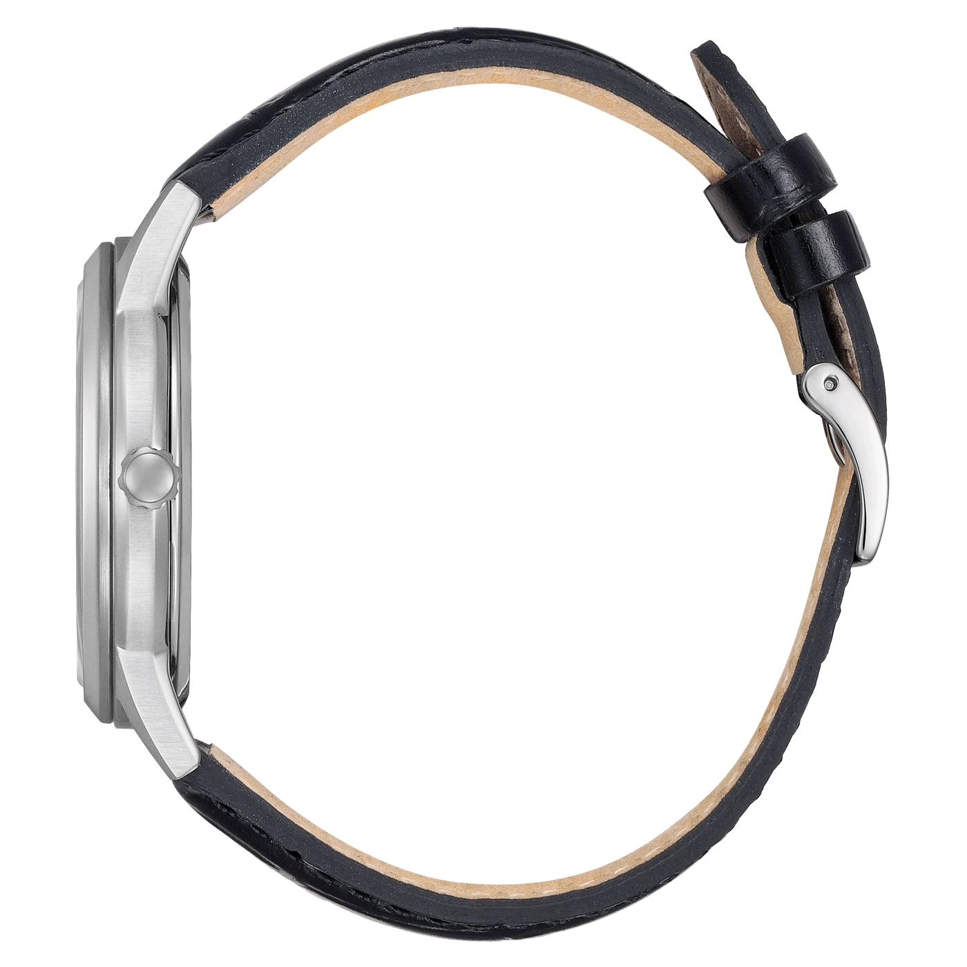 Seitenansicht einer silbernen Uhr mit schwarzem Lederarmband.