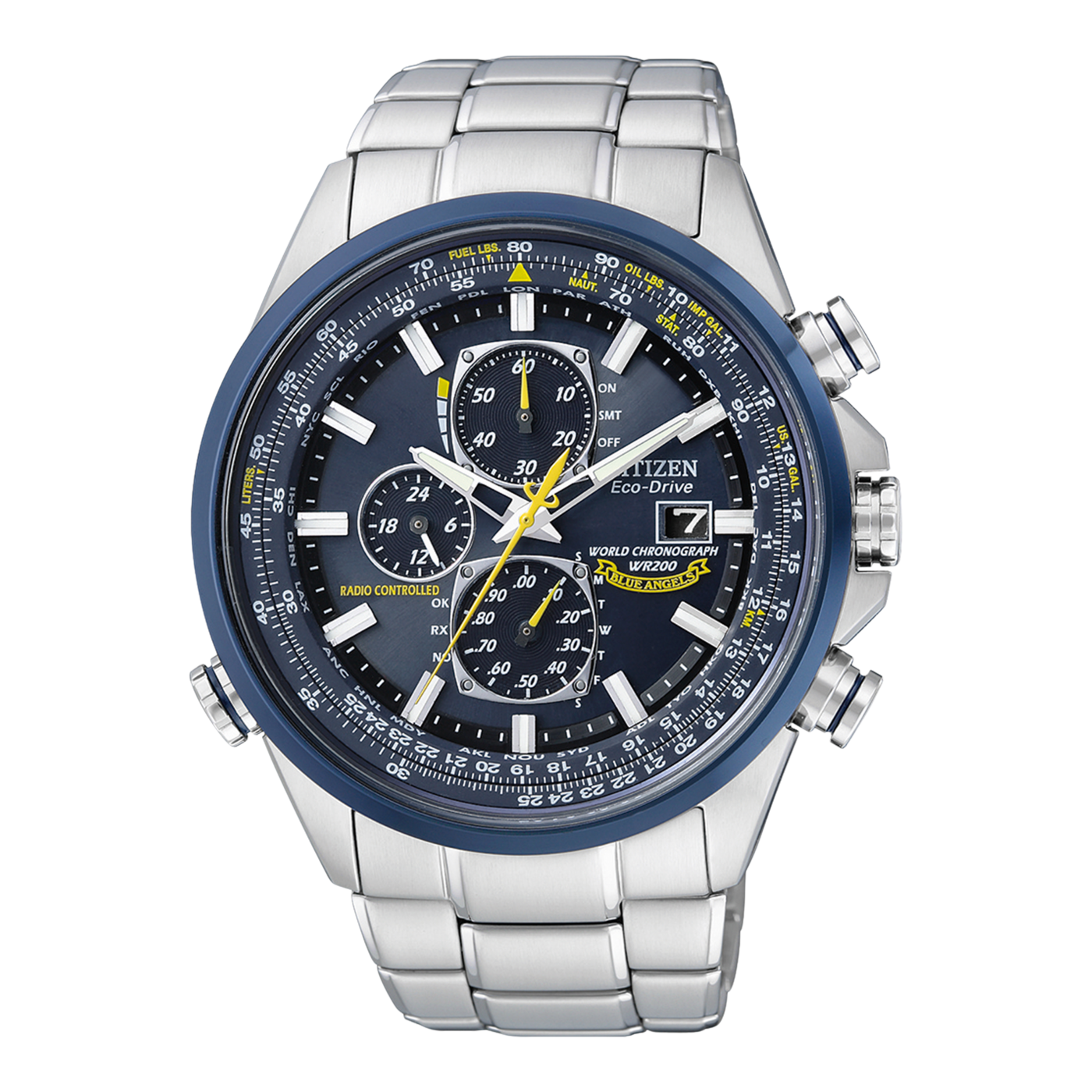 Citizen Blue Angels Uhr mit Chronographen- und Weltzeitfunktionen, Edelstahl.