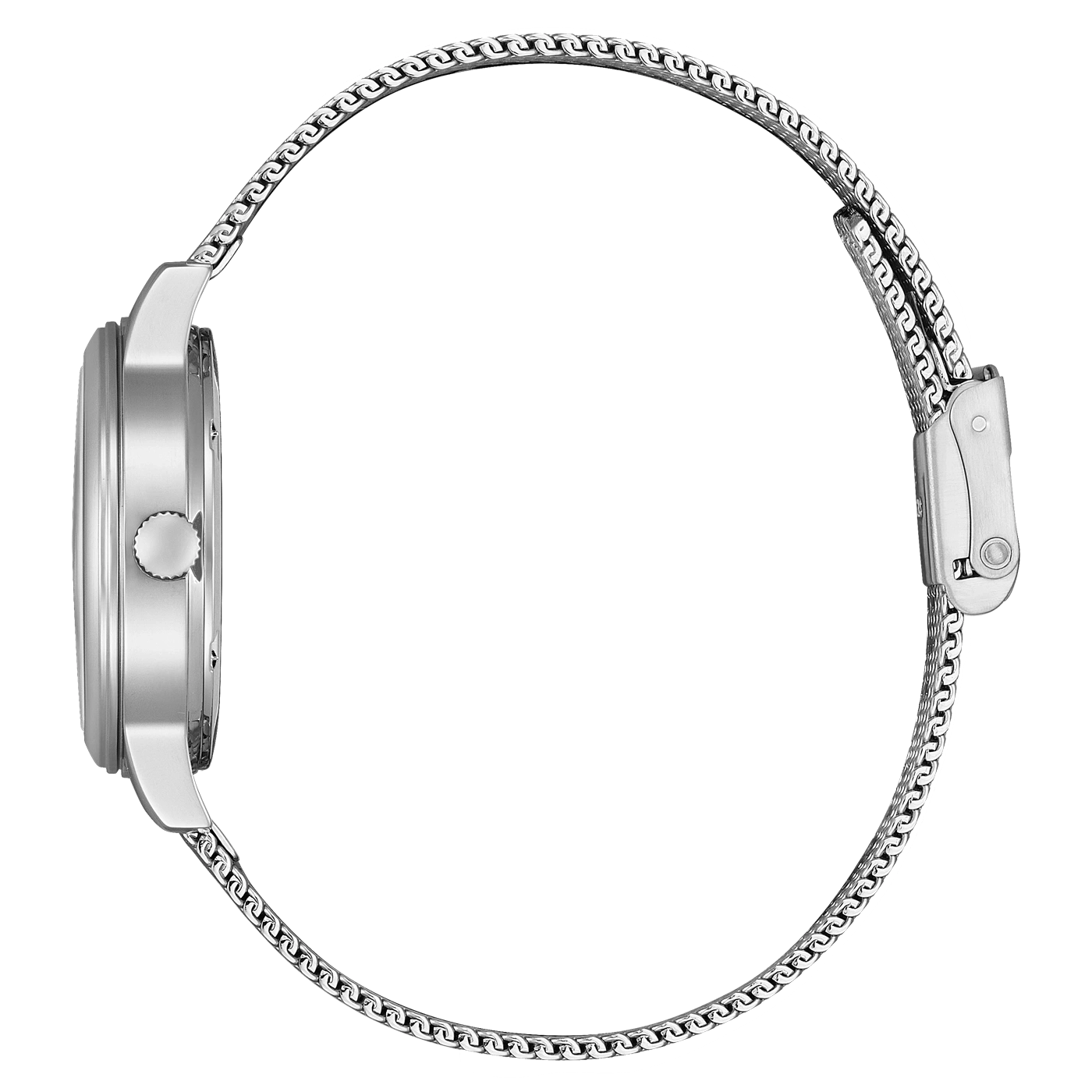 Silberne Uhr mit Mesh-Armband, Seitenansicht, elegantes Design, moderner Stil.