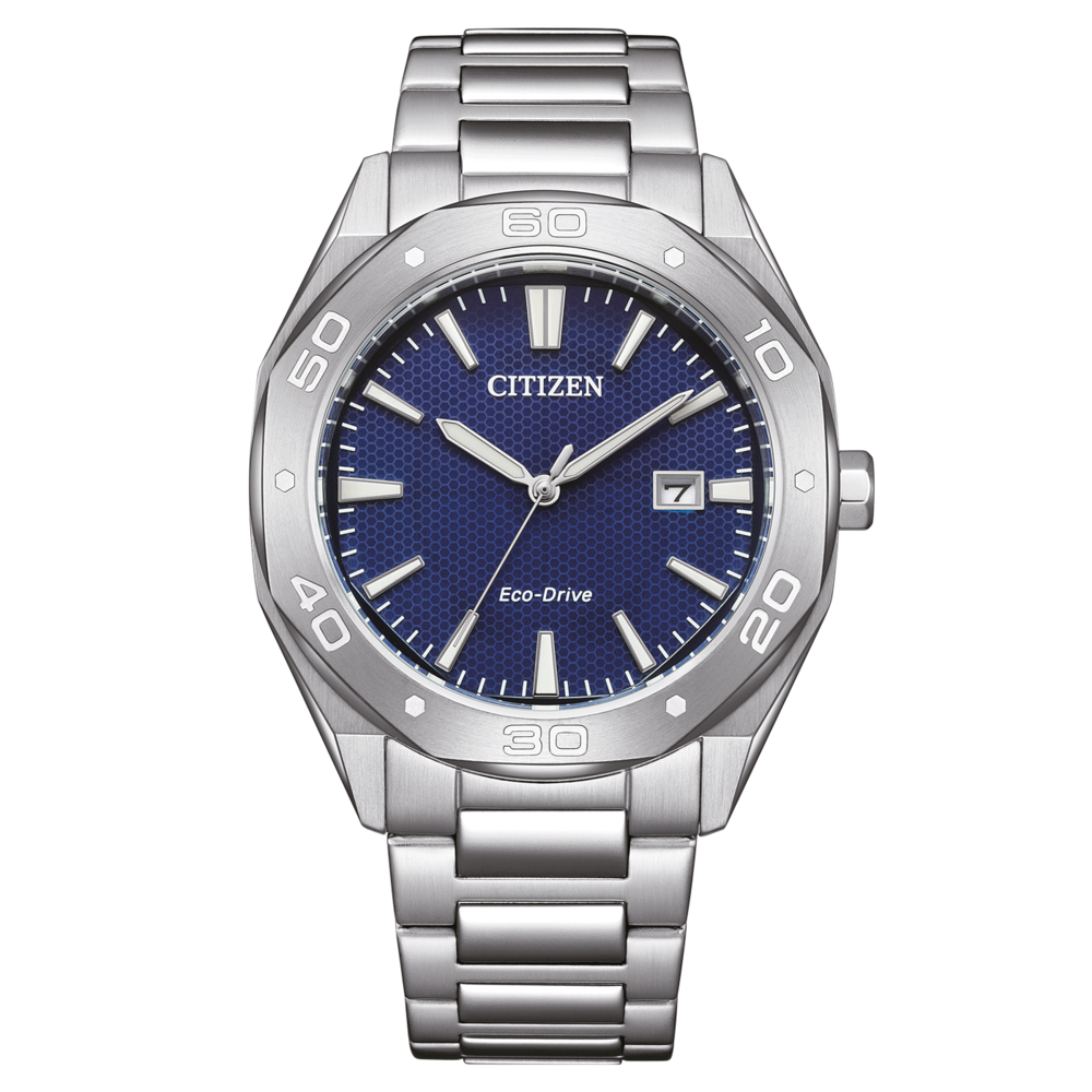 Citizen-Uhr mit blauem Zifferblatt und silbernem Armband, Eco-Drive-Technologie.