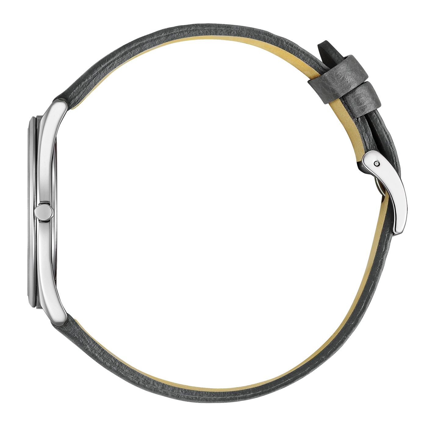 Eine silberne Uhr mit grauem Lederarmband, elegant und stilvoll.