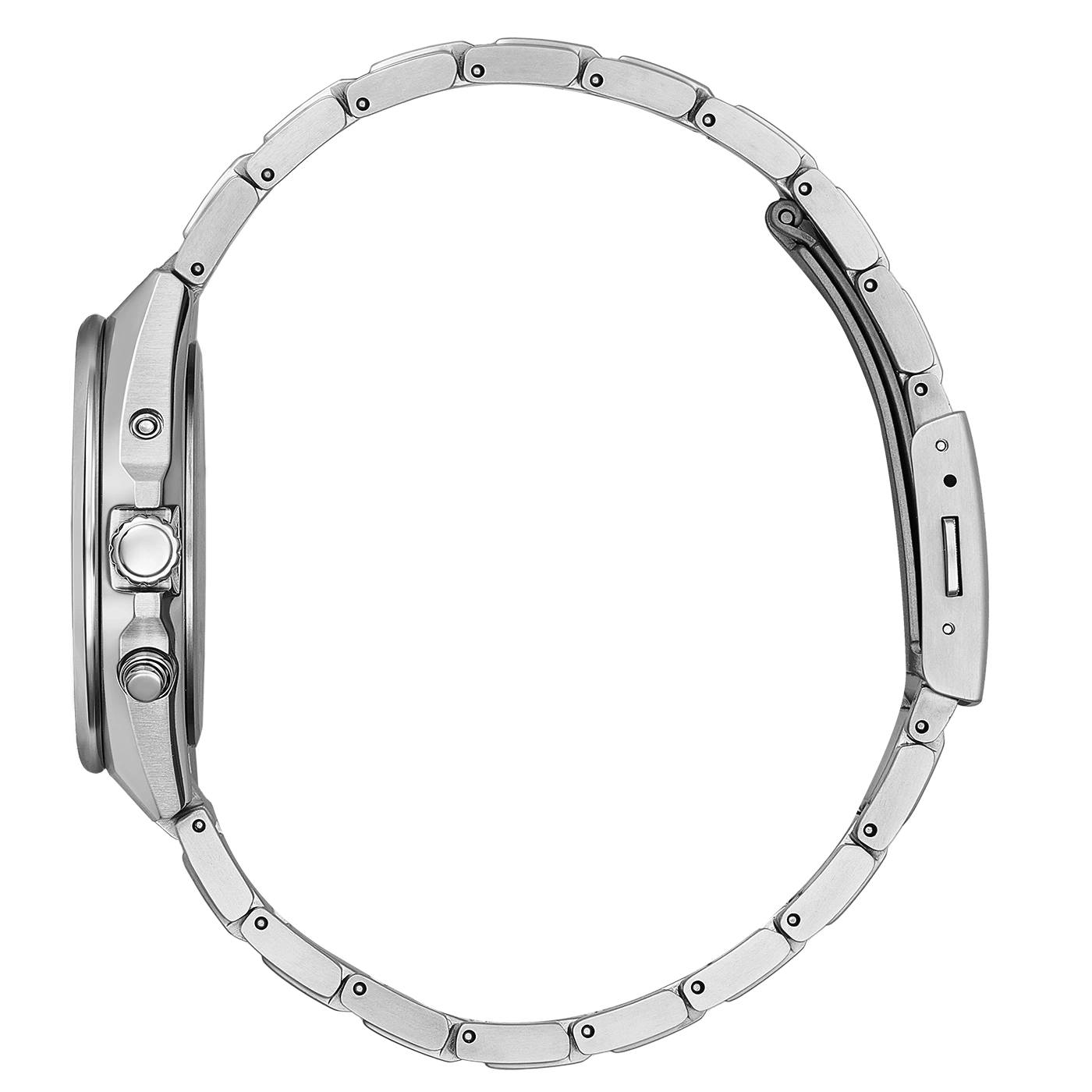 Silbernes Metallarmband einer Uhr in Kreisform, Seitenansicht.