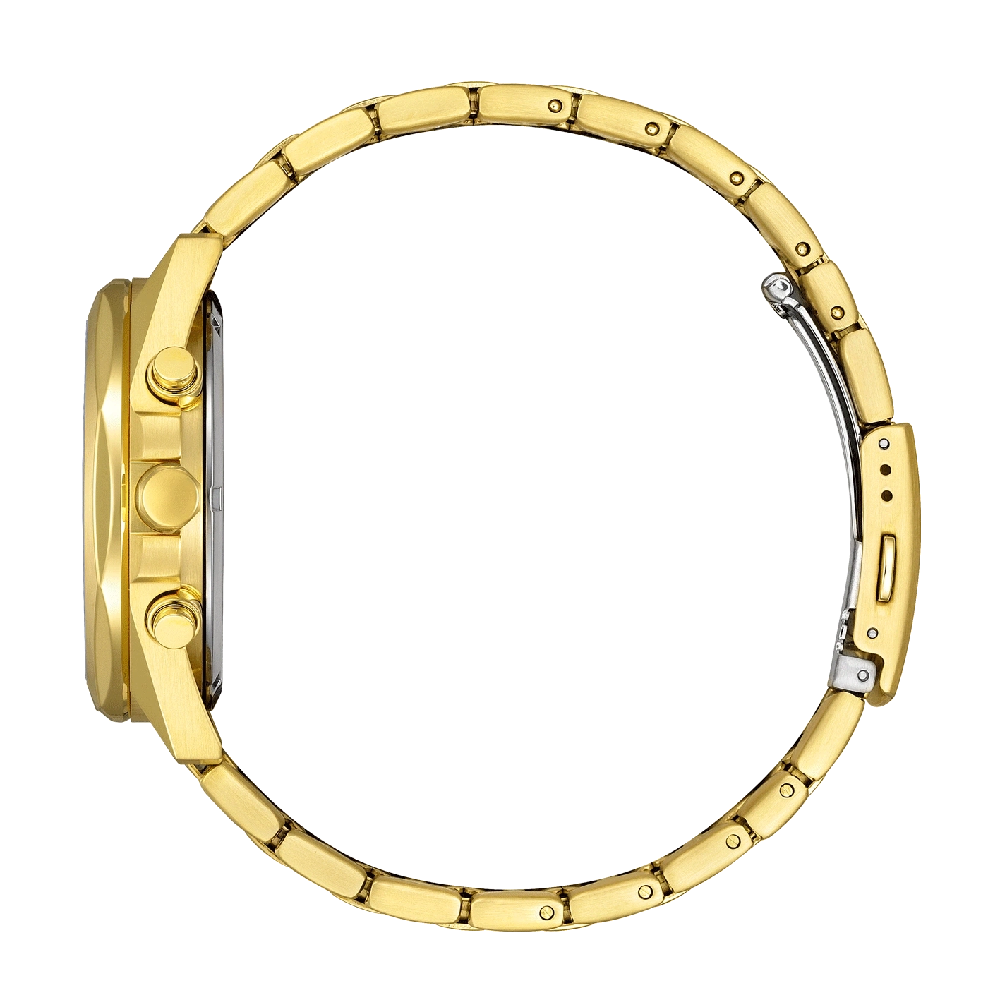 Goldene Uhr, Seitenansicht, zeigt das Armband und das Zifferblatt.