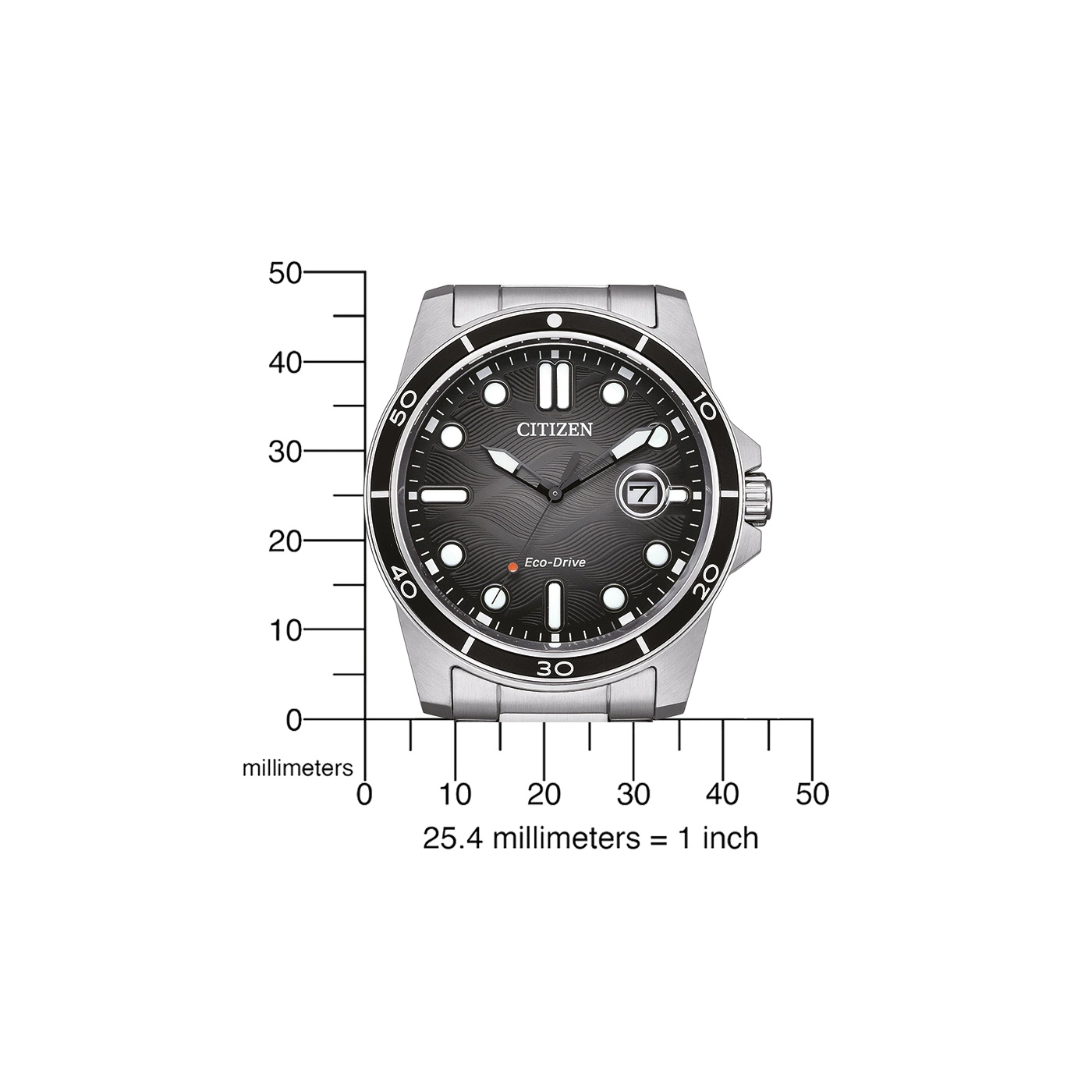 Citizen-Uhr mit schwarzem Zifferblatt, Datumsanzeige und Maßstab in Millimetern.