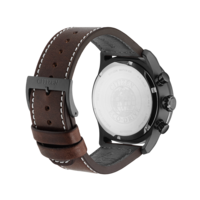 Citizen-Uhr mit braunem Lederarmband, schwarzem Gehäuse und weißen Nähten.