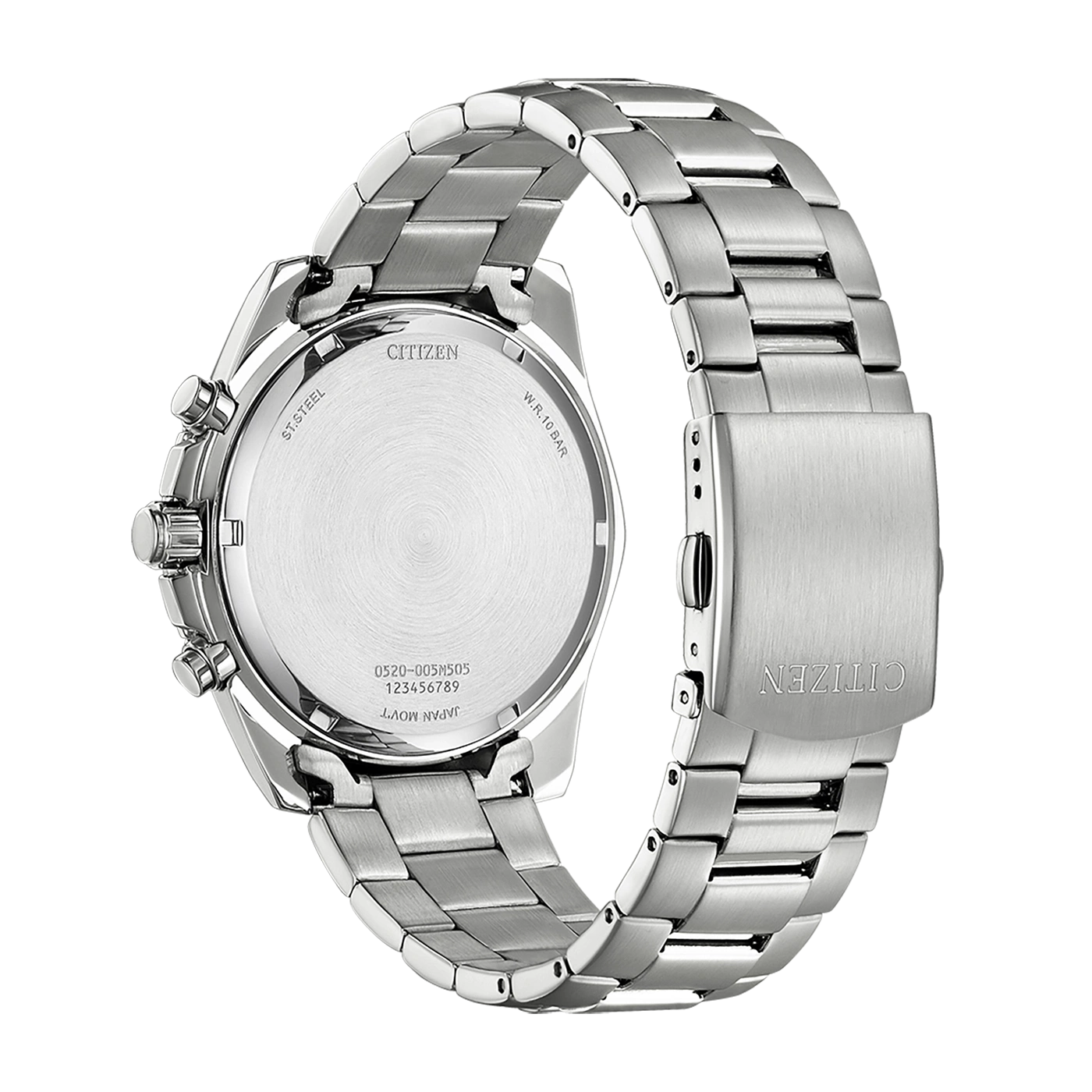 Citizen-Uhrrückseite, Edelstahl, silbernes Armband, W.R. 10 bar, Japan Movt.